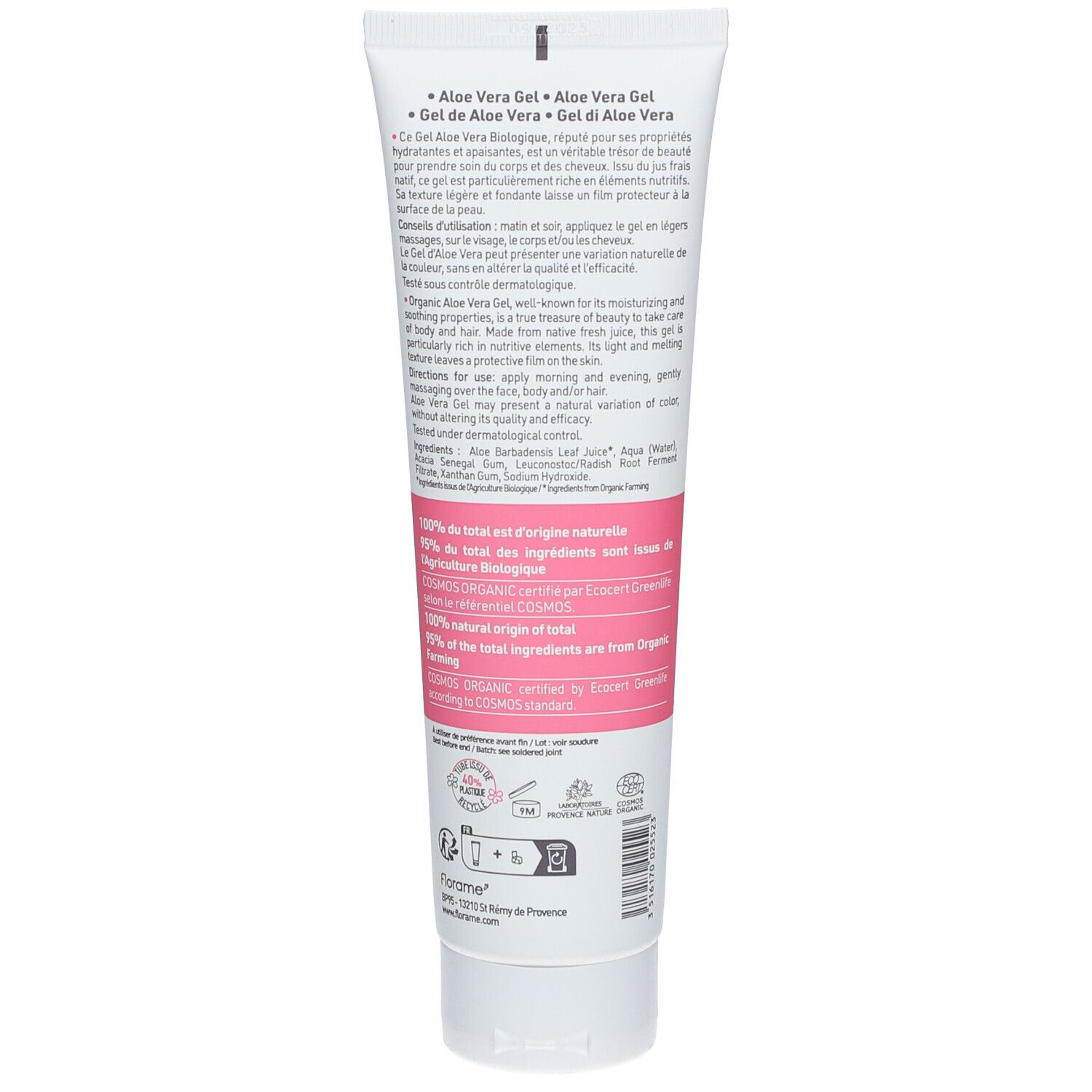 Rückseite des Florame Aloe Vera Gel-Tubes. Text in mehreren Sprachen. Bio-Zertifizierung und Inhaltsstoffe.