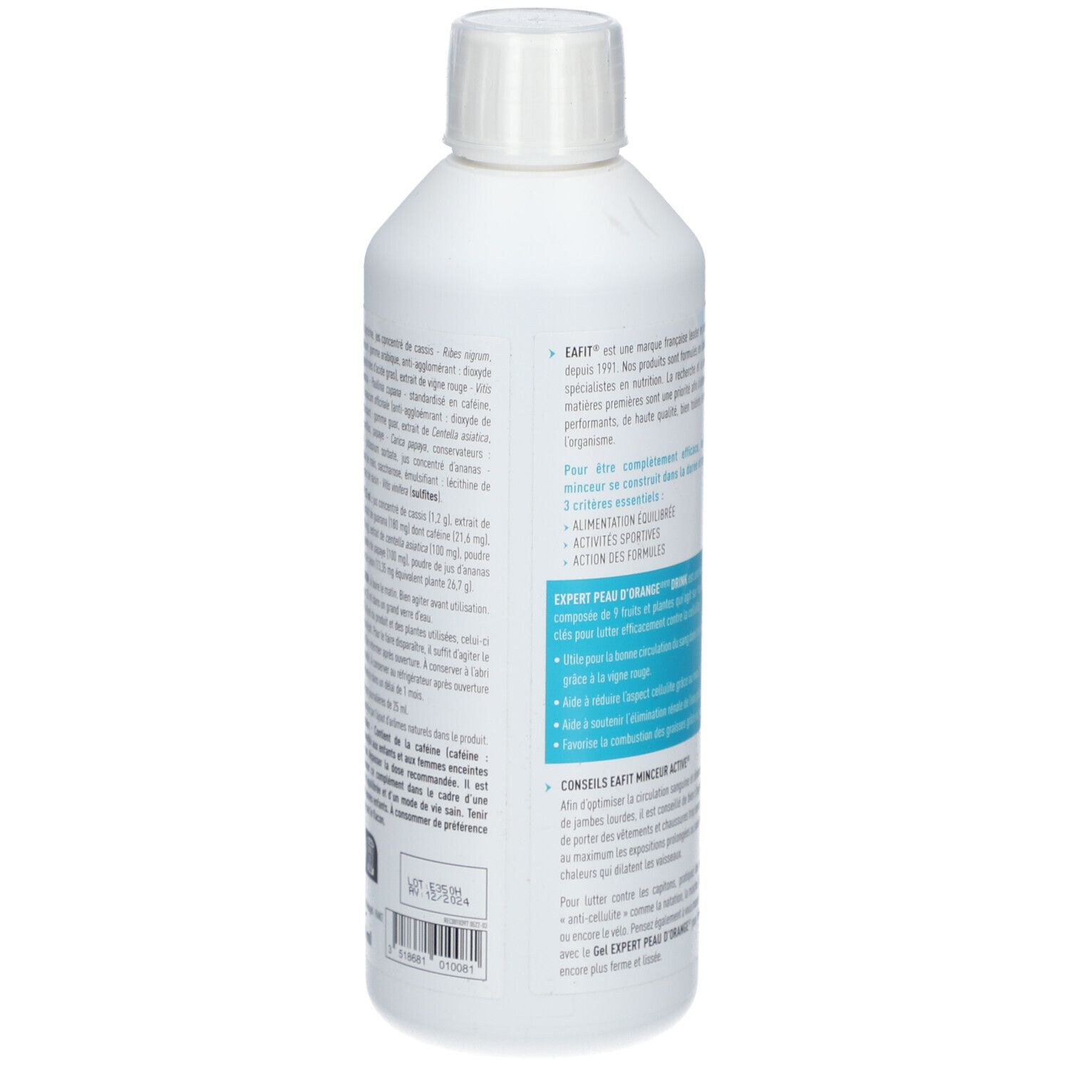 Bouteille blanche avec texte. Inscription: Expert Peau d'Orange. Texte en français. Liste des ingrédients.