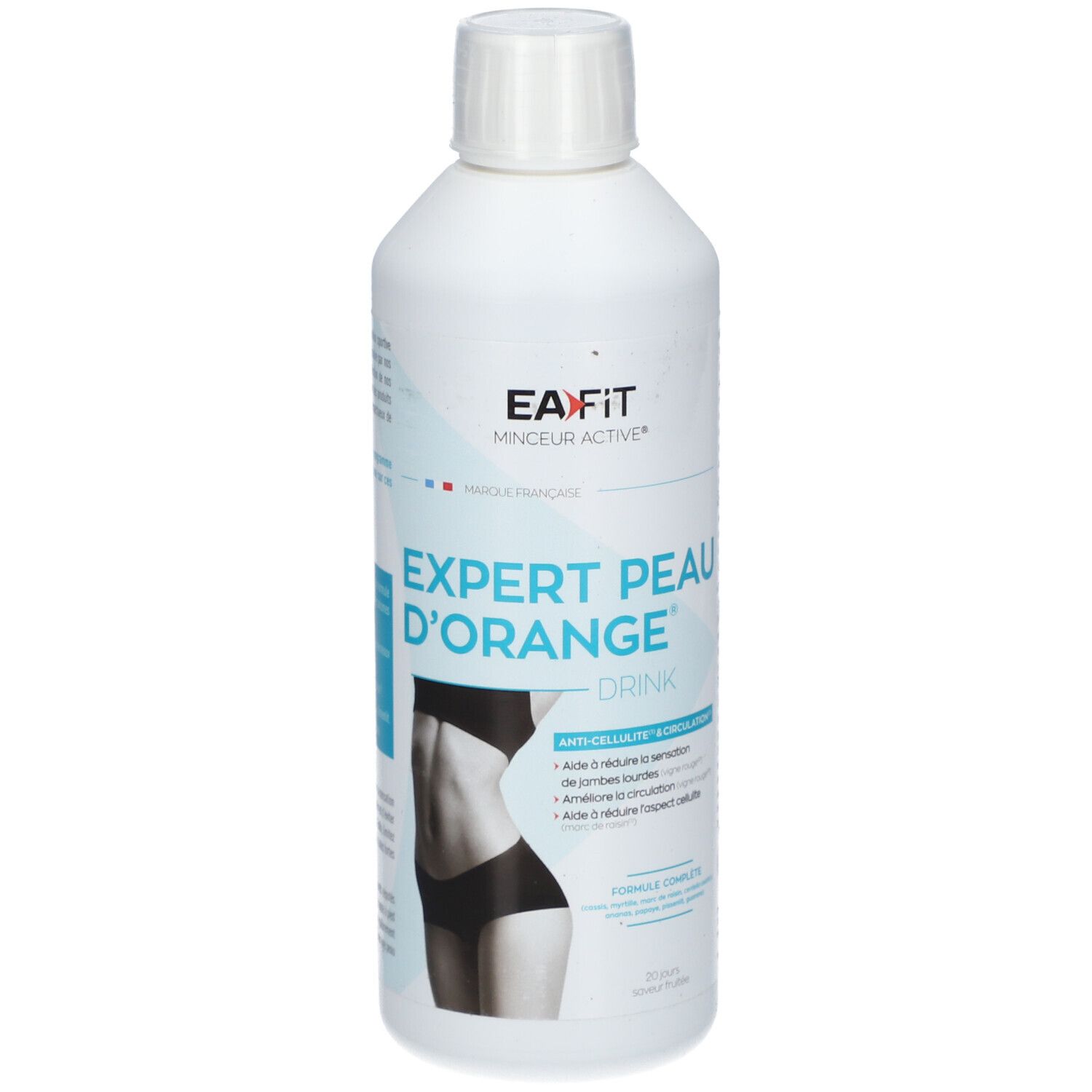 Bouteille blanche avec étiquette bleu et blanc. Inscription: EA-FIT Expert Peau d'Orange Drink. Illustration d'une femme.