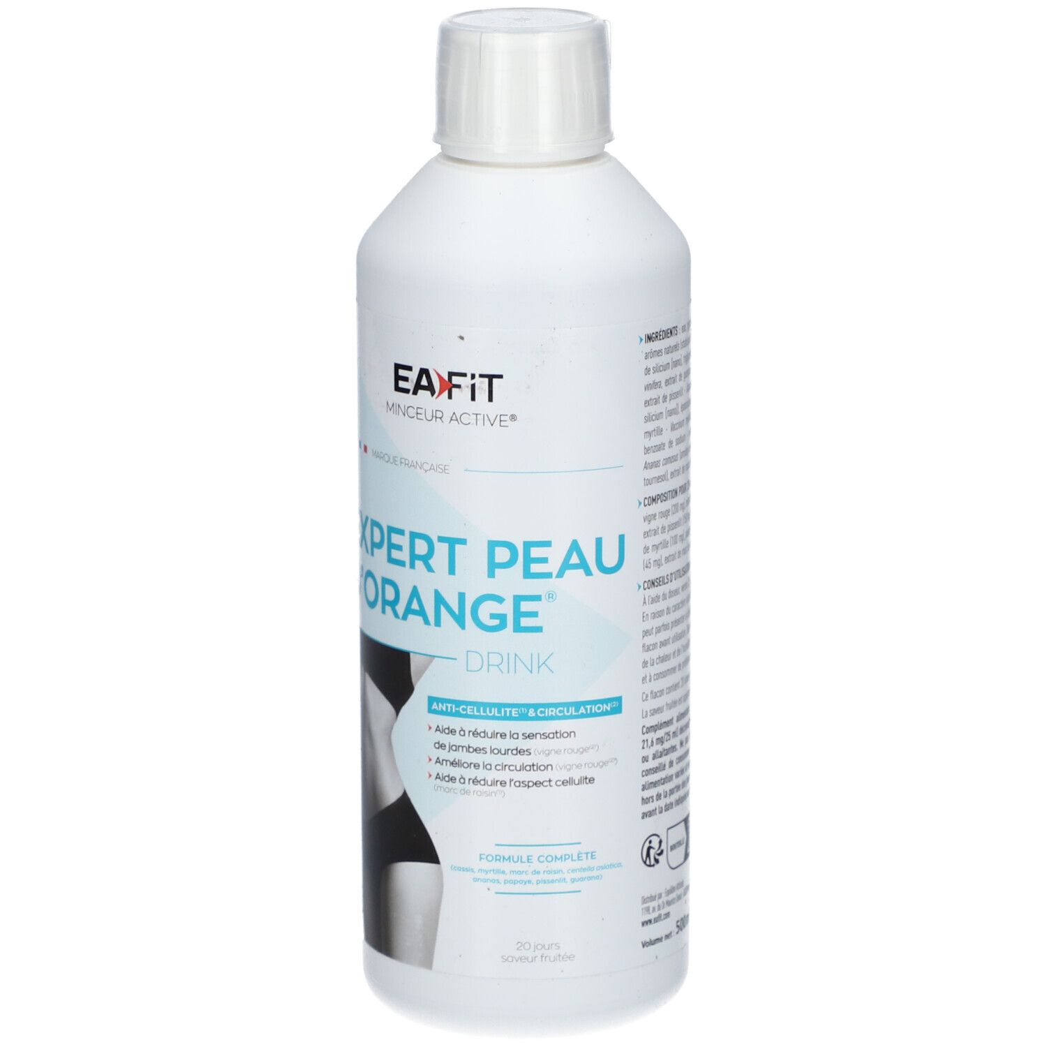 Bouteille blanche avec étiquette bleu et blanc. Inscription: EA-FIT Expert Peau d'Orange Drink. Illustration d'une femme.