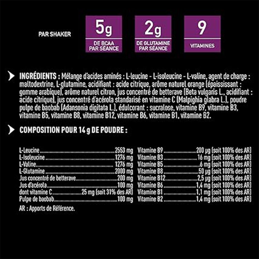 Composition de EA-FIT Recovery Max. Contient acides aminés, vitamines et autres ingrédients. Informations nutritionnelles pour 14g de poudre.