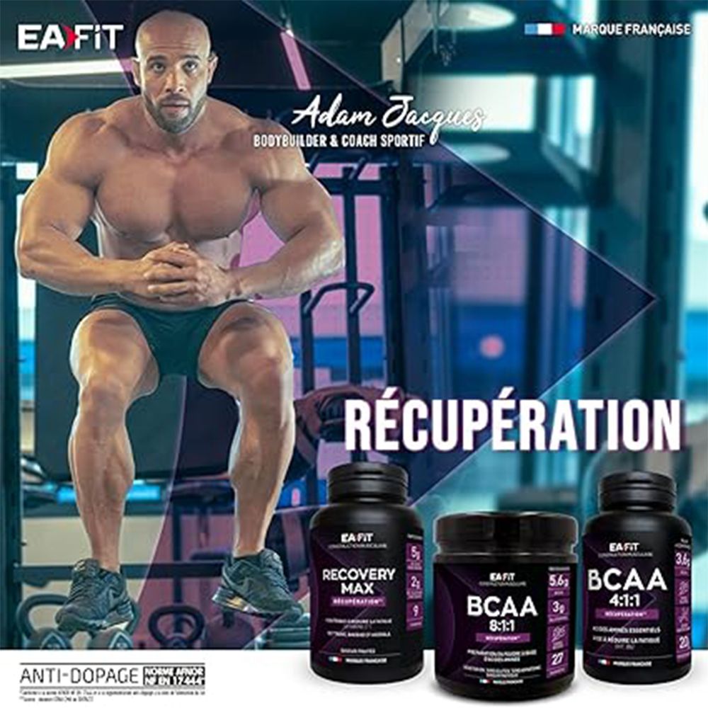 Publicité avec le bodybuilder Adam Jacquez. Produits: EA-FIT Recovery Max et BCAA. Marque française, certification anti-dopage.