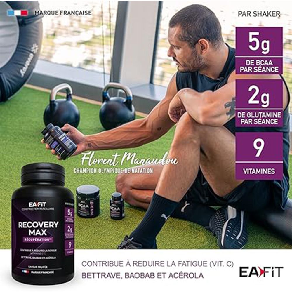 Florent Manaudou avec produits EA-FIT. Recovery Max, BCAA. Contient 5g BCAA, 2g glutamine et 9 vitamines. Marque française.