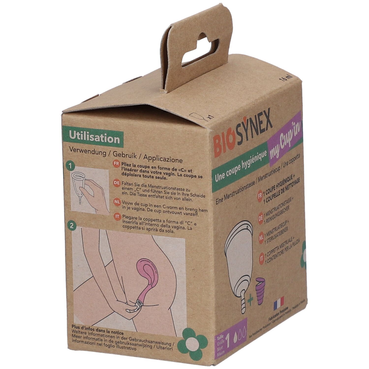 Boîte en carton avec illustrations d'utilisation. BIOSYNEX my Cup'in. Montre l'utilisation de la coupe menstruelle.