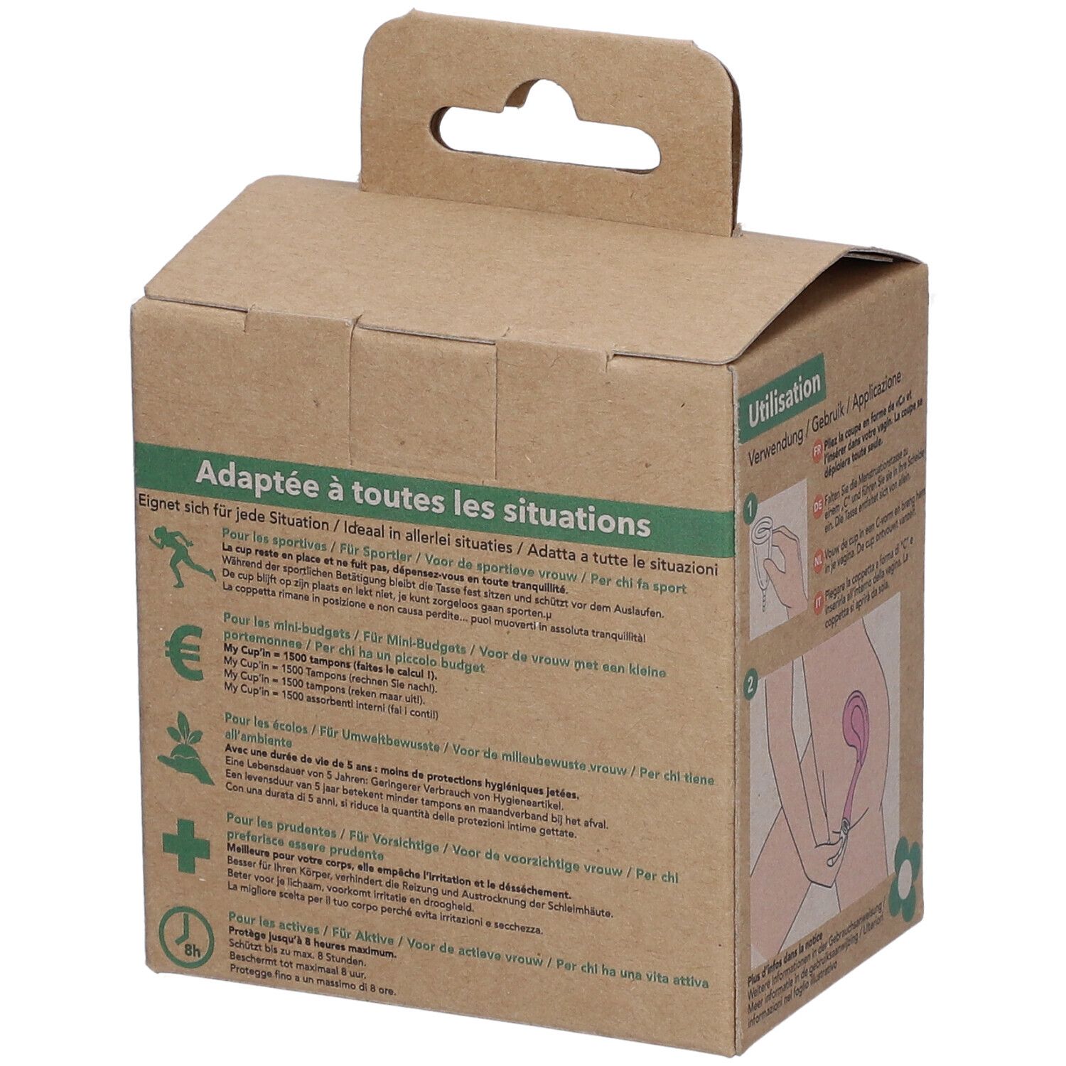 Boîte en carton avec texte. BIOSYNEX my Cup'in. Informations sur les situations et avantages de la coupe menstruelle.