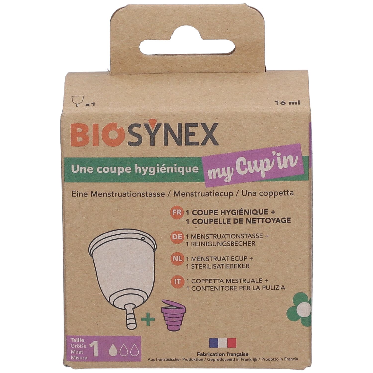 Boîte en carton marron avec illustration et texte. BIOSYNEX my Cup'in, coupe menstruelle, taille 1. Contient une coupe et un gobelet de nettoyage.