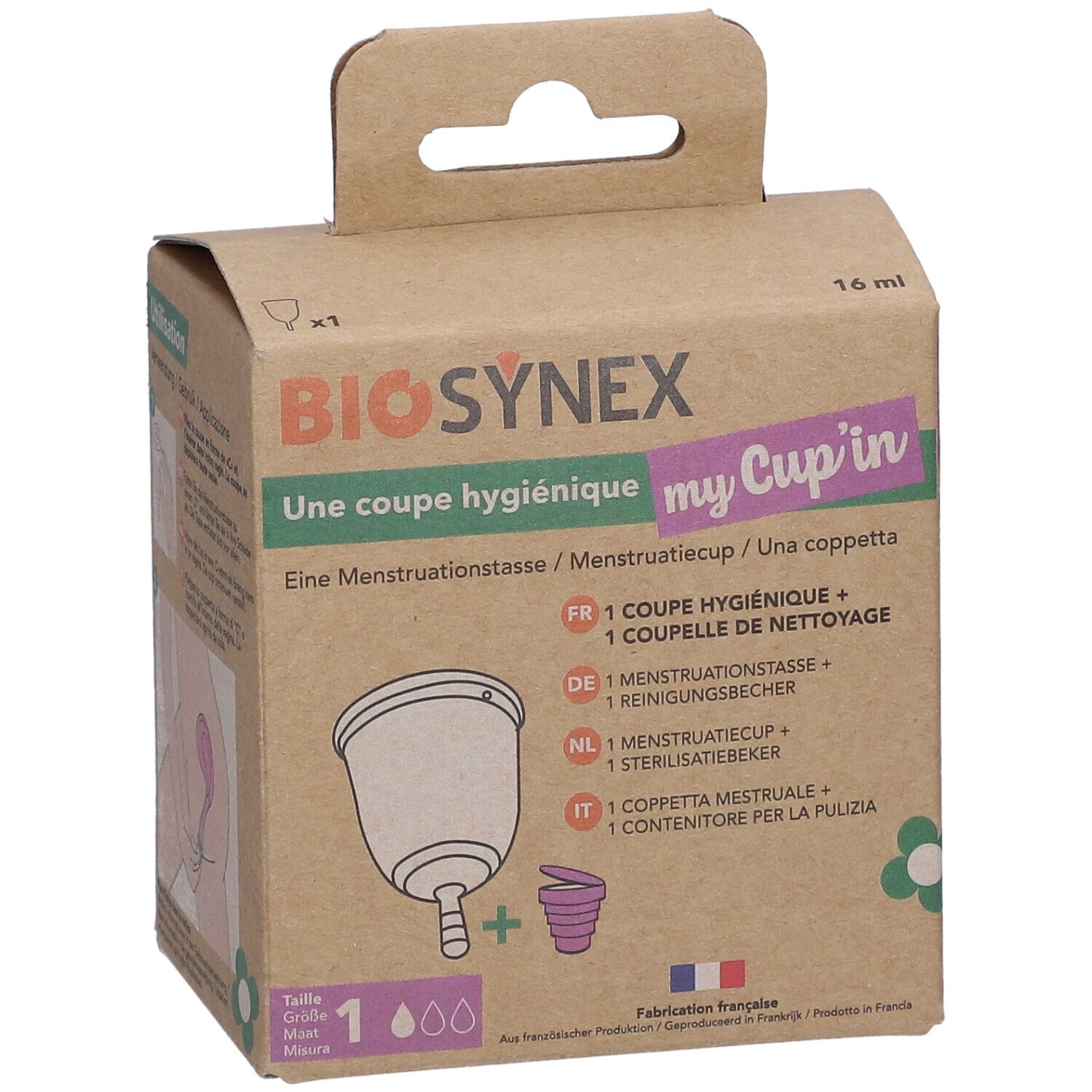 Boîte en carton marron avec illustration et texte. BIOSYNEX my Cup'in, coupe menstruelle, taille 1. Contient une coupe et un gobelet de nettoyage.