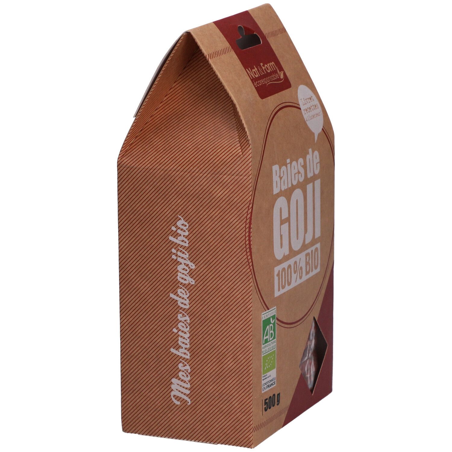 Goji-Beeren-Verpackung. Aufschrift: Baies de GOJI 100% BIO. AB-Bio-Siegel. 500 g.
