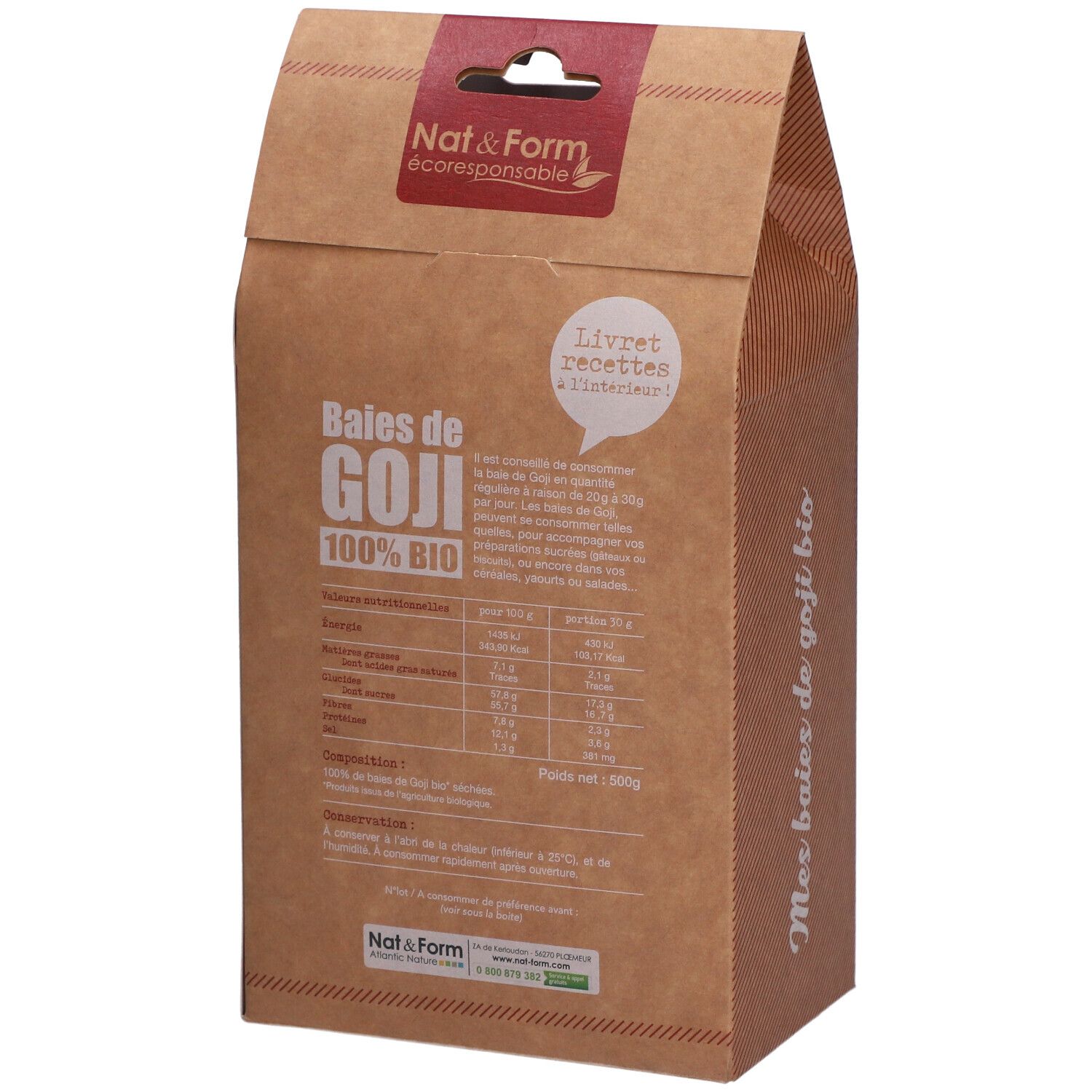 Verpackung mit Goji-Beeren. Aufschrift: Baies de GOJI 100% BIO. Nährwertangaben. 500 g.
