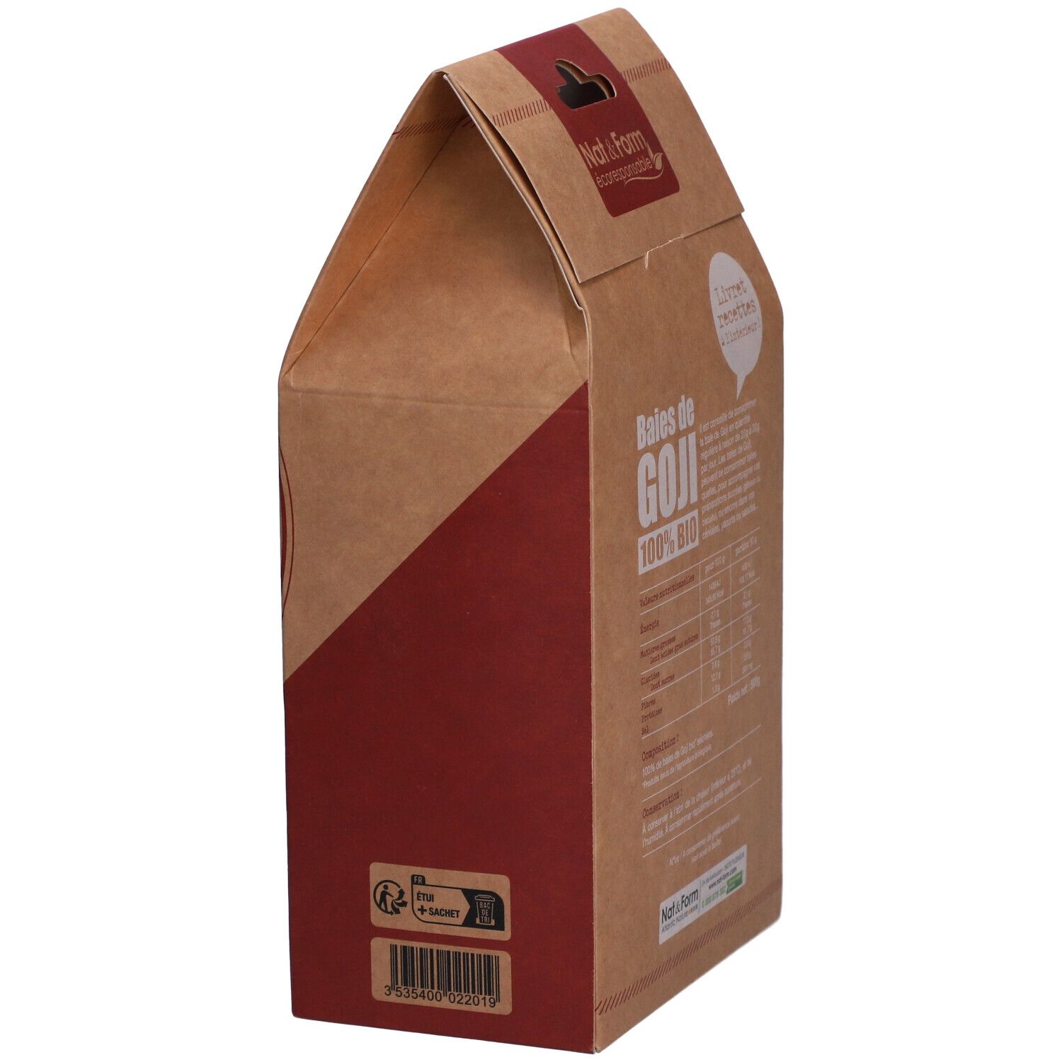 Goji-Beeren-Verpackung. Aufschrift: Baies de GOJI 100% BIO. Rückseite mit Text. 500 g.