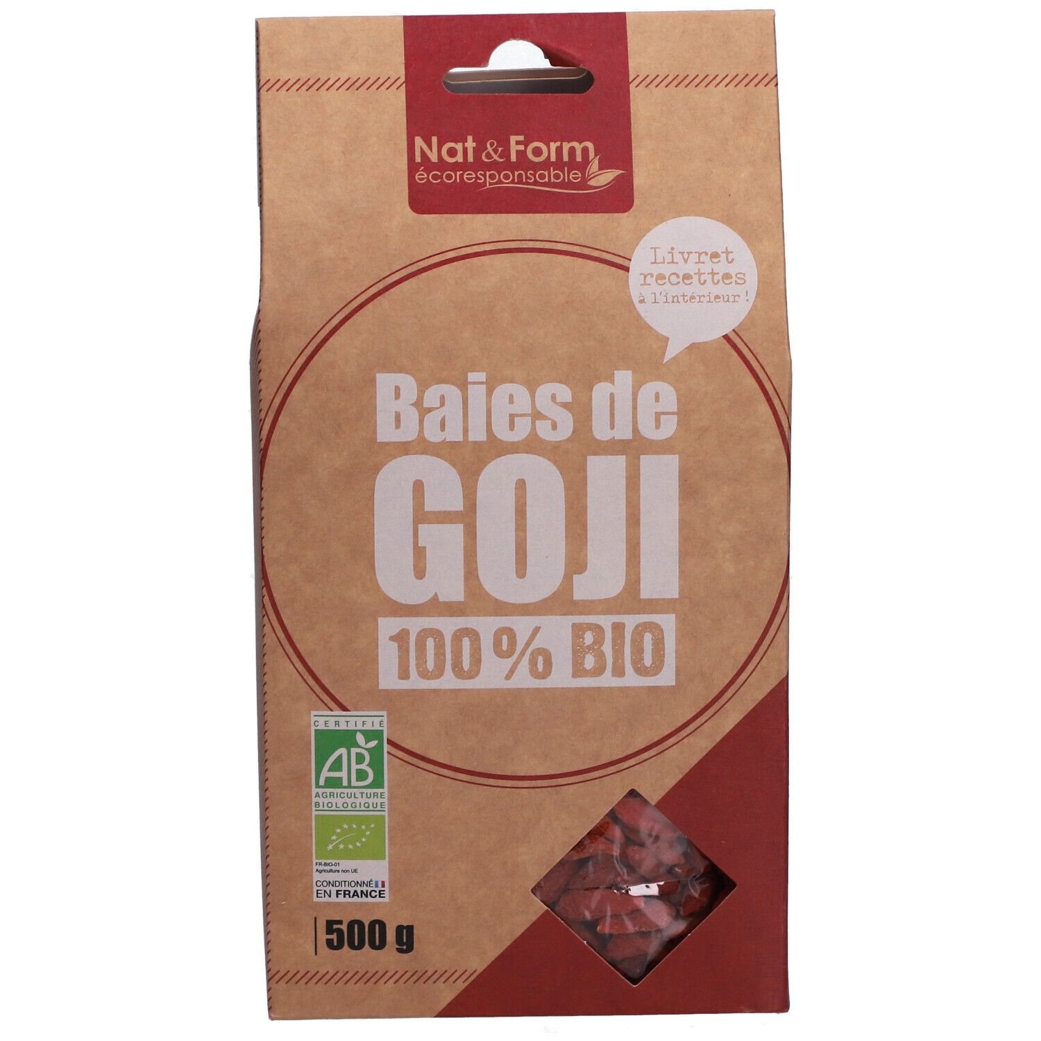 Verpackung mit Goji-Beeren. Aufschrift: Baies de GOJI 100% BIO. AB-Bio-Siegel. 500 g.