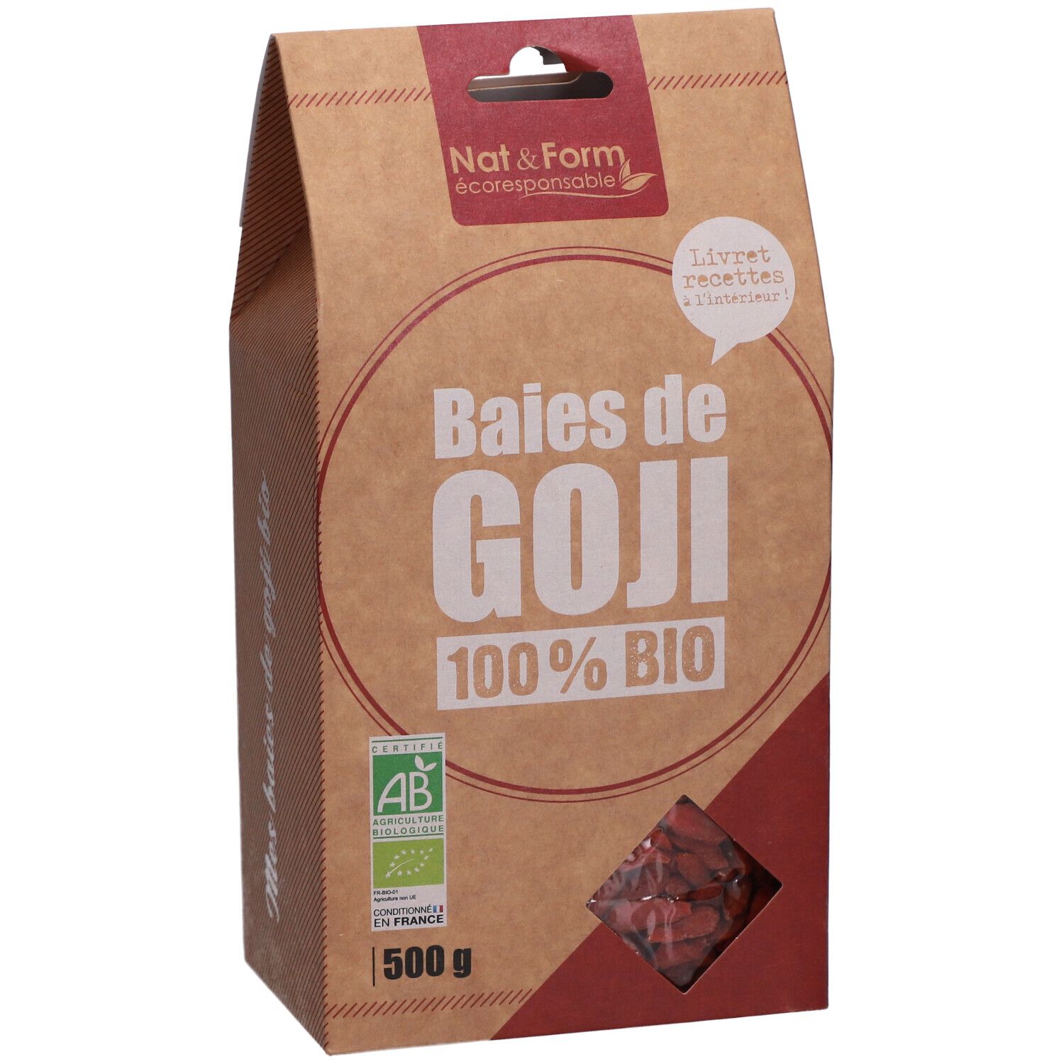 Verpackung mit Goji-Beeren. Aufschrift: Baies de GOJI 100% BIO. AB-Bio-Siegel. 500 g.