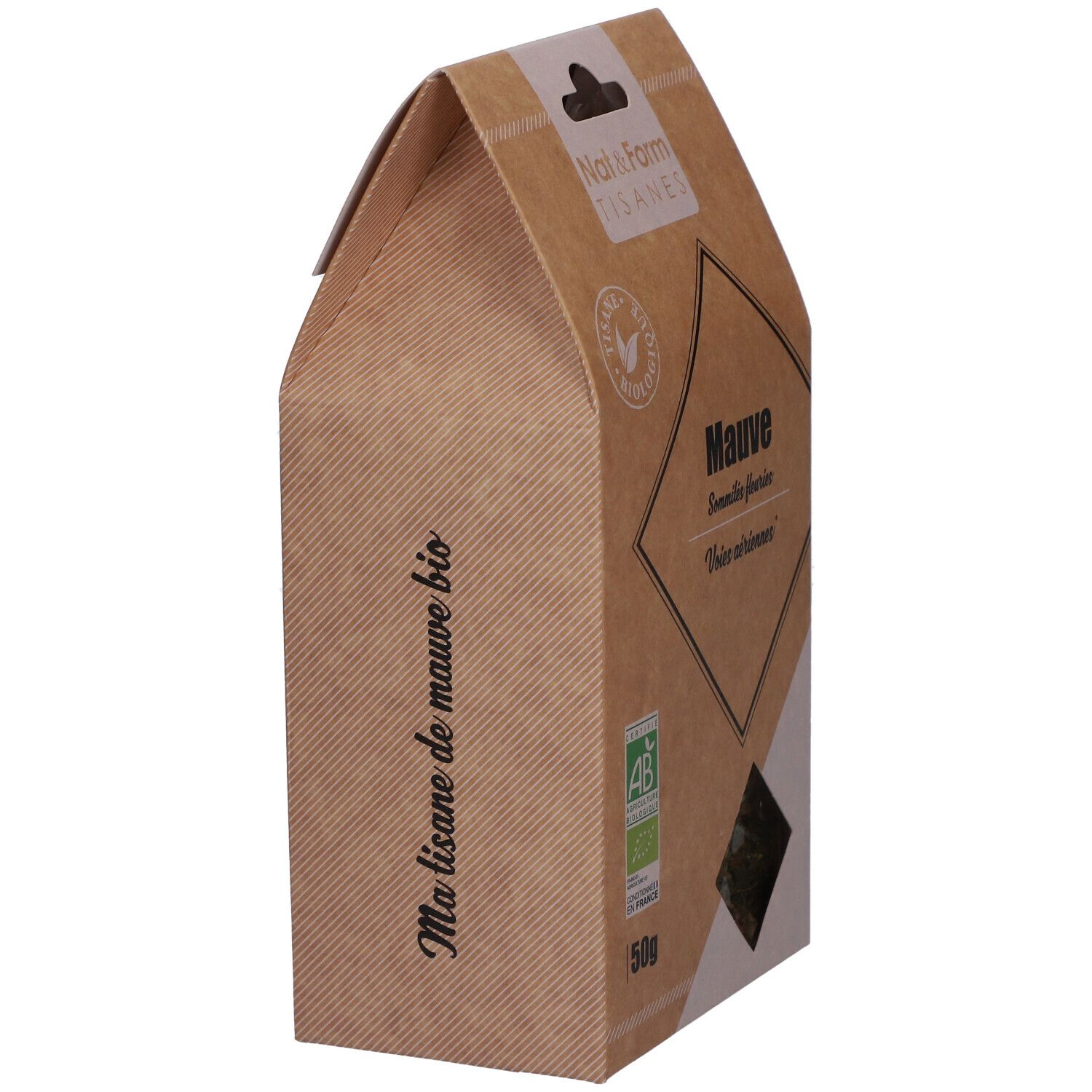 Schräg stehende, braune Verpackung. Aufdruck: Nat&Form Tisanes, Mauve, AB-Siegel, 50g. Sichtfenster mit Produkt. Text: Ma tisane de mauve bio.