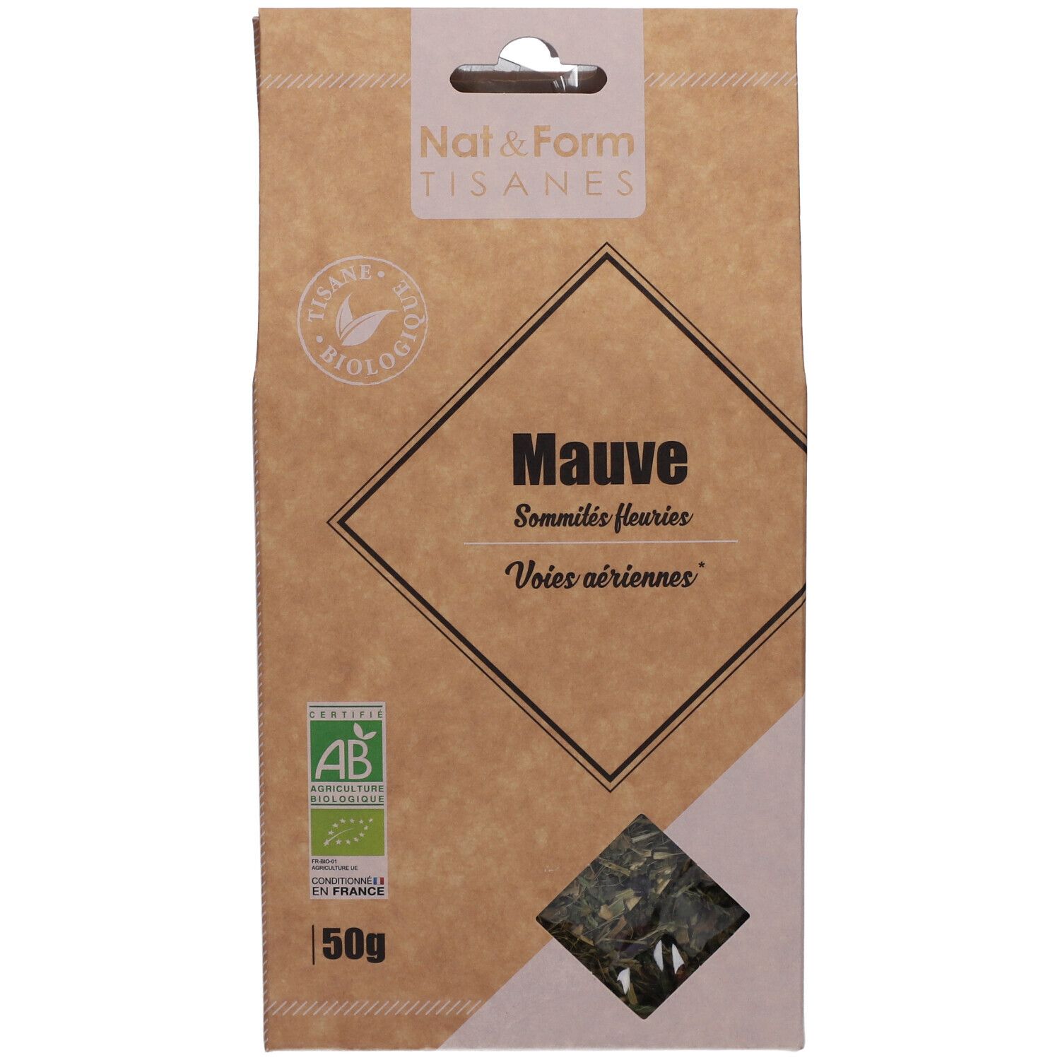 Braune Verpackung mit Sichtfenster. Aufdruck: Nat&Form Tisanes, Mauve, 50g, AB-Siegel. Sichtbares Produkt durch Fenster.