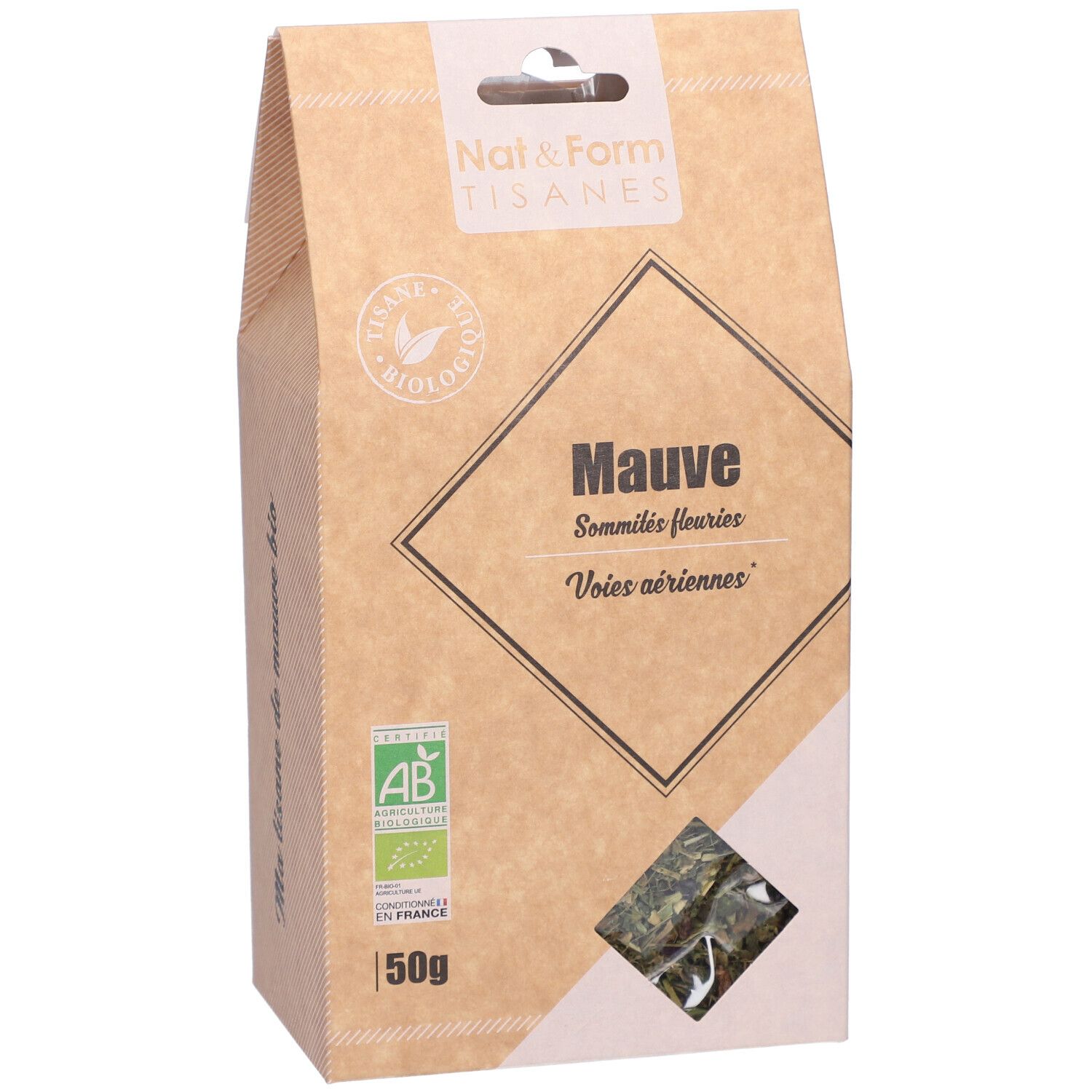 Braune Verpackung mit Sichtfenster. Aufdruck: Nat&Form Tisanes, Mauve, 50g, AB-Siegel. Sichtbares Produkt durch Fenster.