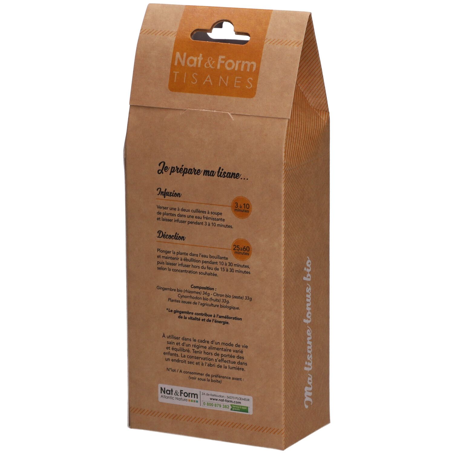 Dos de l'emballage marron. Texte: Instructions de préparation. Label bio. Ingrédients. Nat&Form.