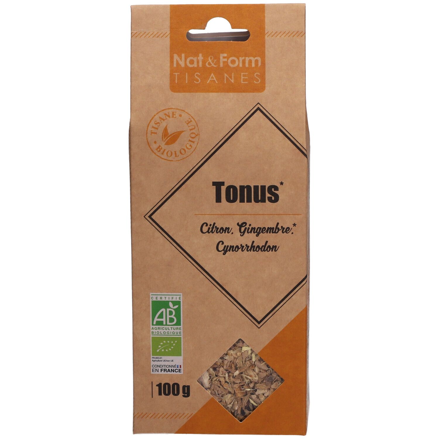 Emballage marron avec texte: Tonus, Citron, Gingembre, Cynorrhodon. Label bio. 100g.