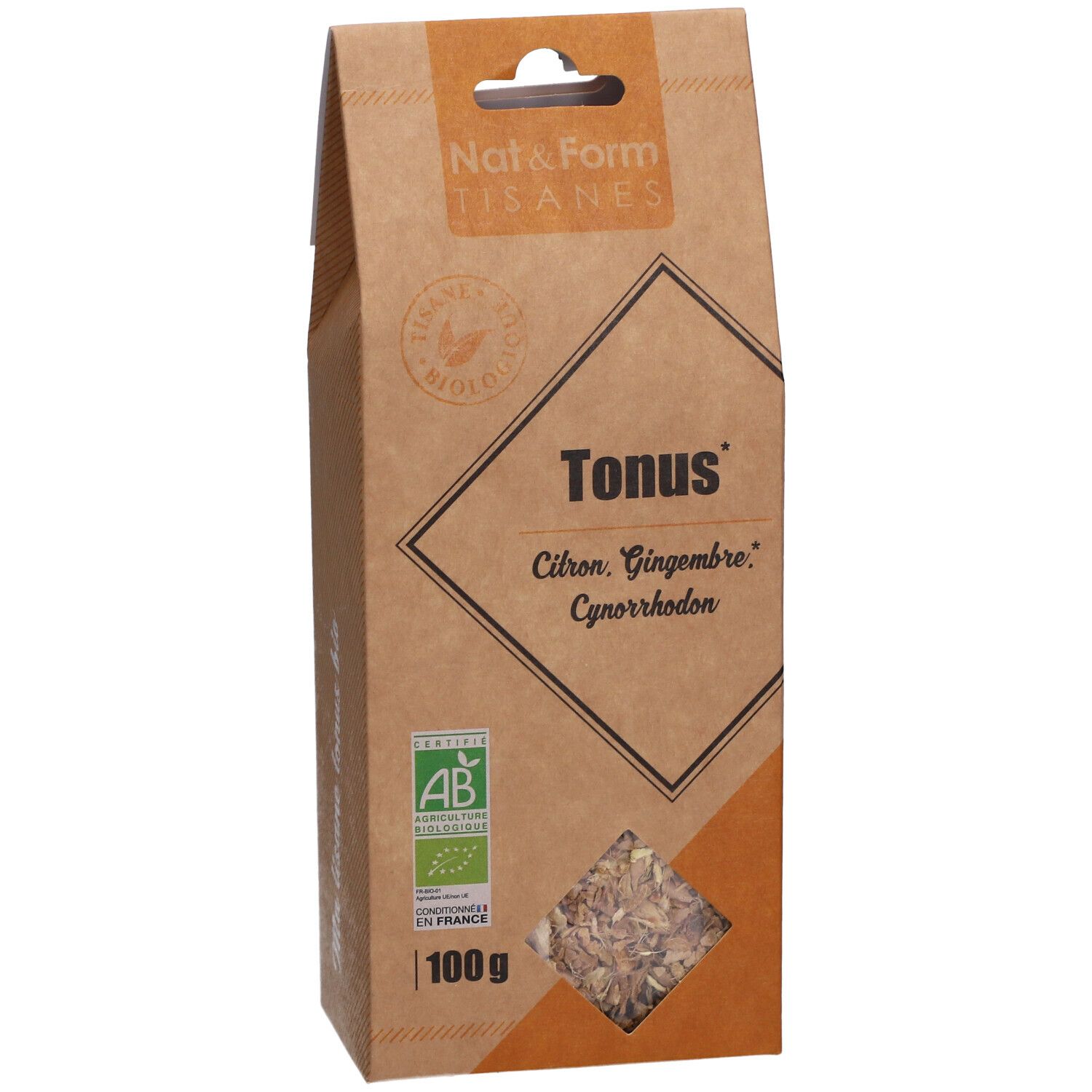 Emballage marron avec texte: Tonus, Citron, Gingembre, Cynorrhodon. Label bio. 100g.