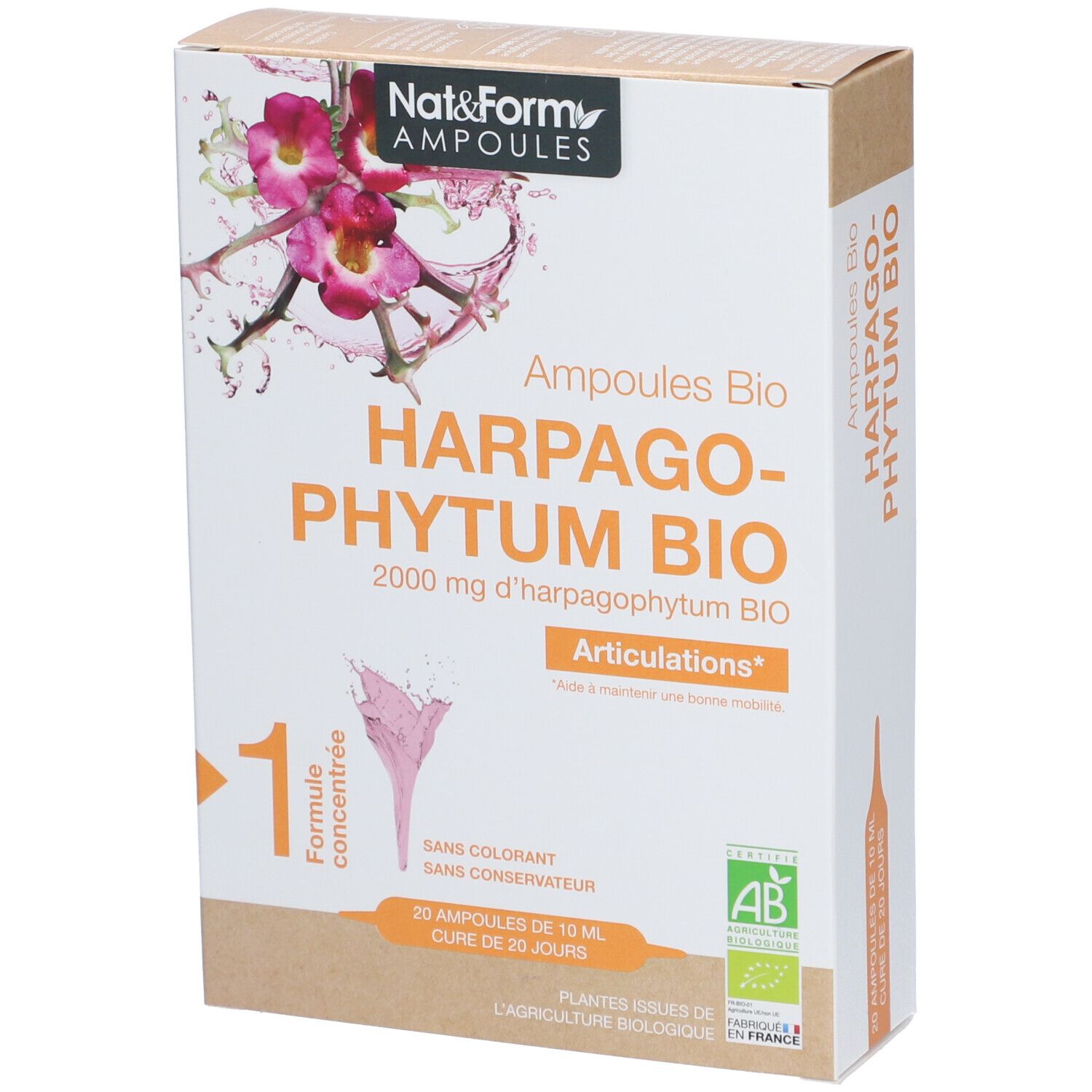 Boîte de Nat&Form Ampoules Harpagophytum bio. Inscription : Harpagophytum Bio, 2000 mg, 20 ampoules, Articulations, certification AB.