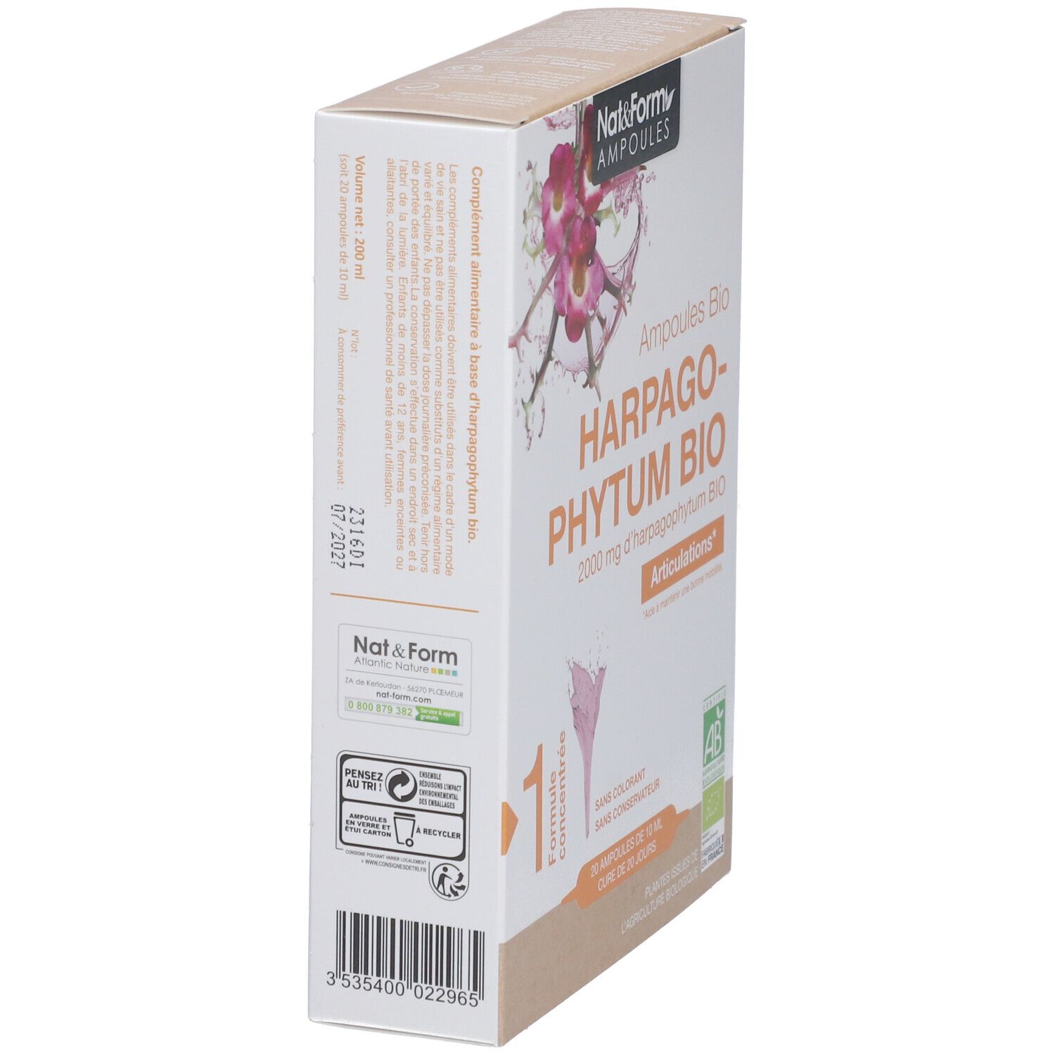 Boîte de Nat&Form Ampoules Harpagophytum bio en biais. Inscription : Harpagophytum Bio, 2000 mg, 20 ampoules, Articulations, certification AB.