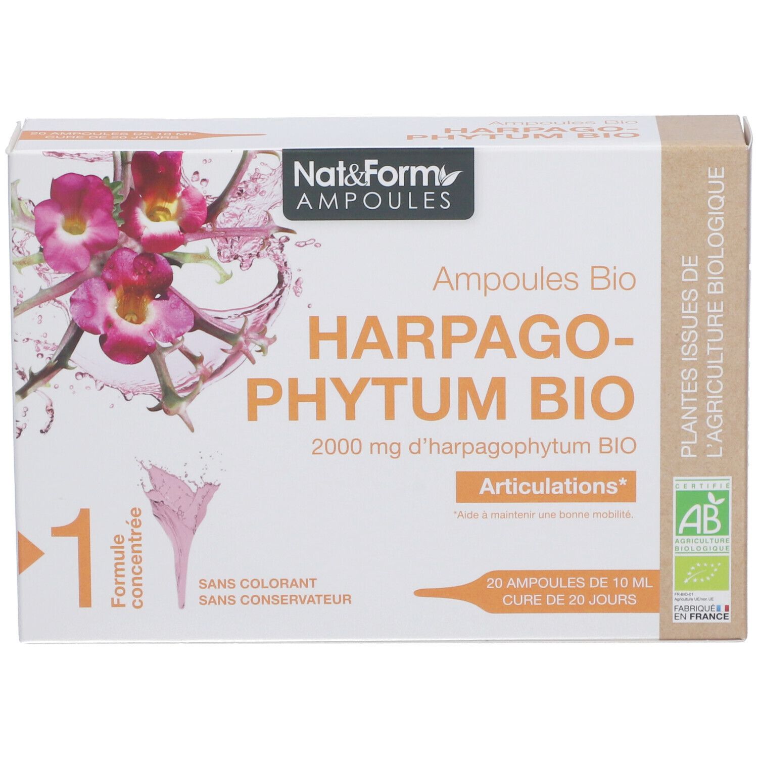 Boîte de Nat&Form Ampoules Harpagophytum bio. Inscription : Harpagophytum Bio, 2000 mg, 20 ampoules, Articulations, certification AB.