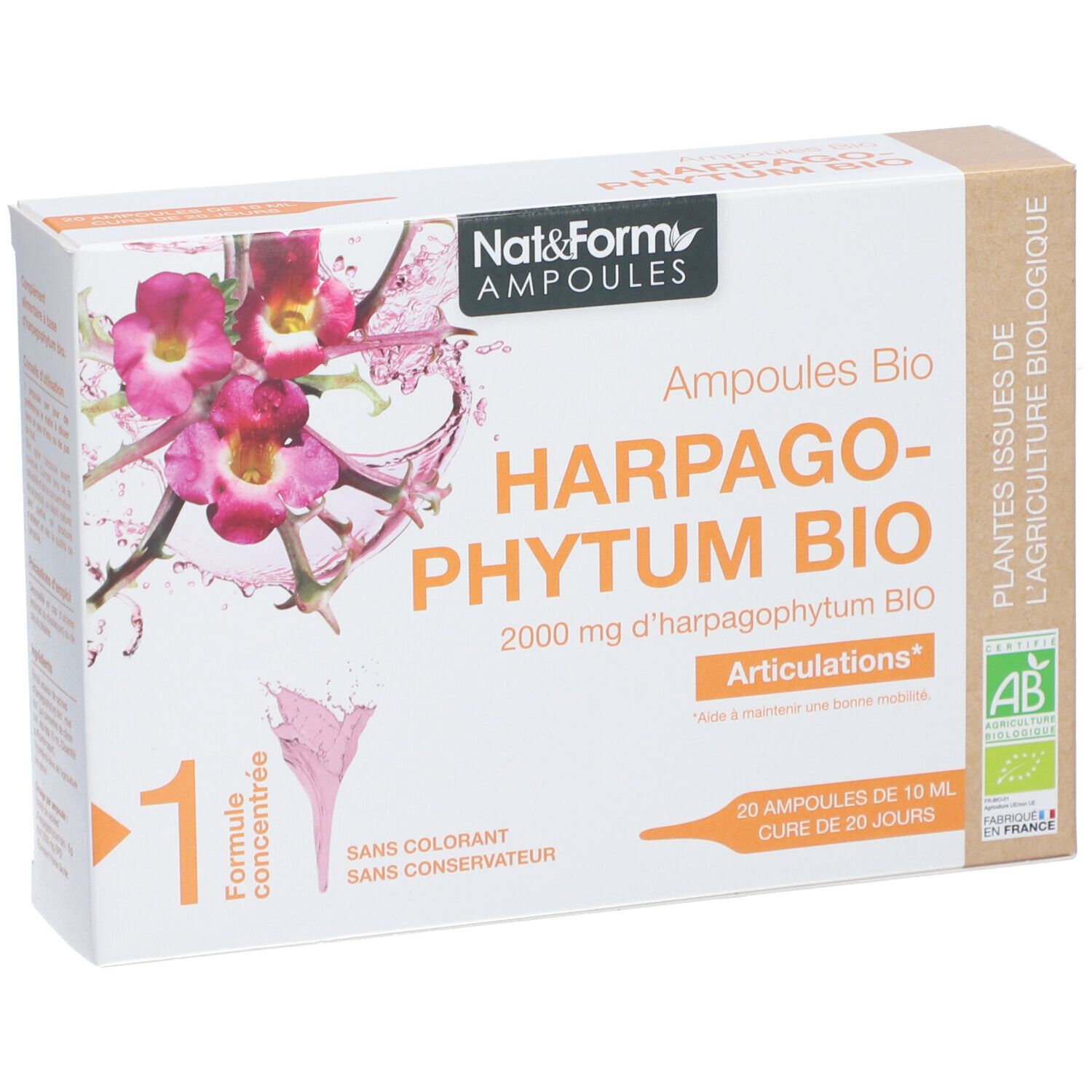 Boîte de Nat&Form Ampoules Harpagophytum bio. Inscription : Harpagophytum Bio, 2000 mg, 20 ampoules, Articulations, certification AB.