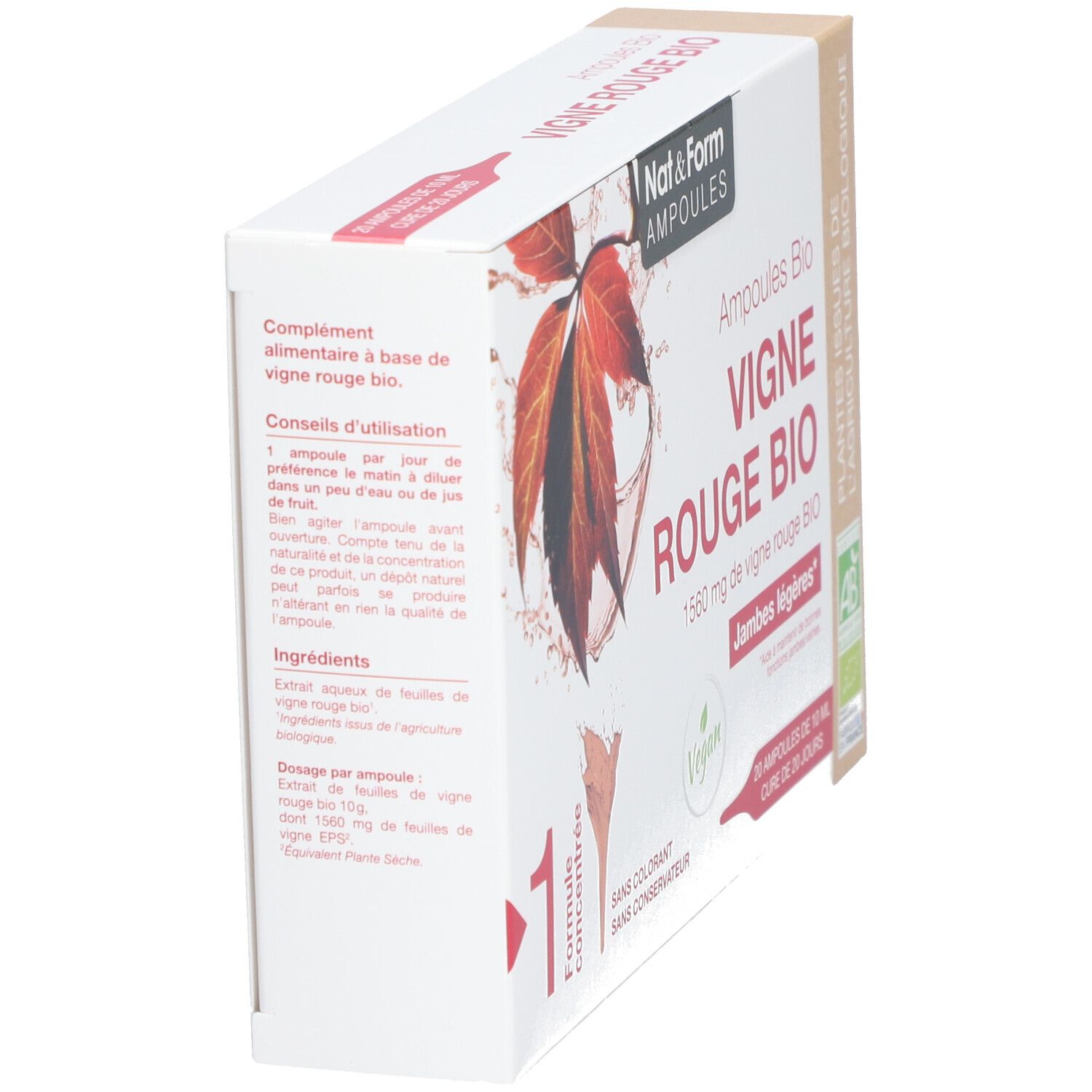 Karton, Seitenansicht. Aufschrift: Vigne Rouge Bio, Vegan, AB-Siegel. Rotes Weinblatt-Motiv.