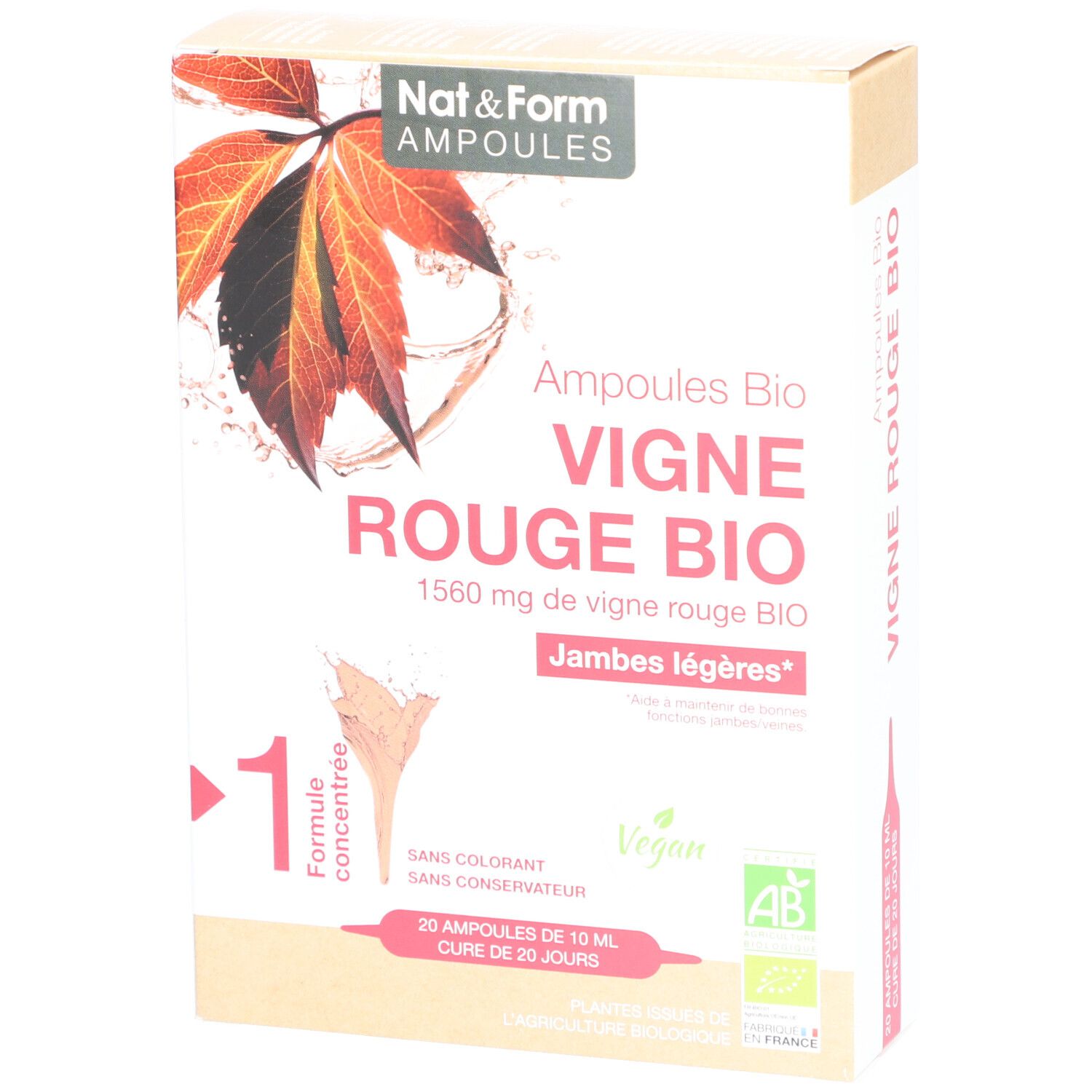 Karton mit Ampullen. Aufschrift: Vigne Rouge Bio, Vegan, AB-Siegel. Rotes Weinblatt-Motiv.