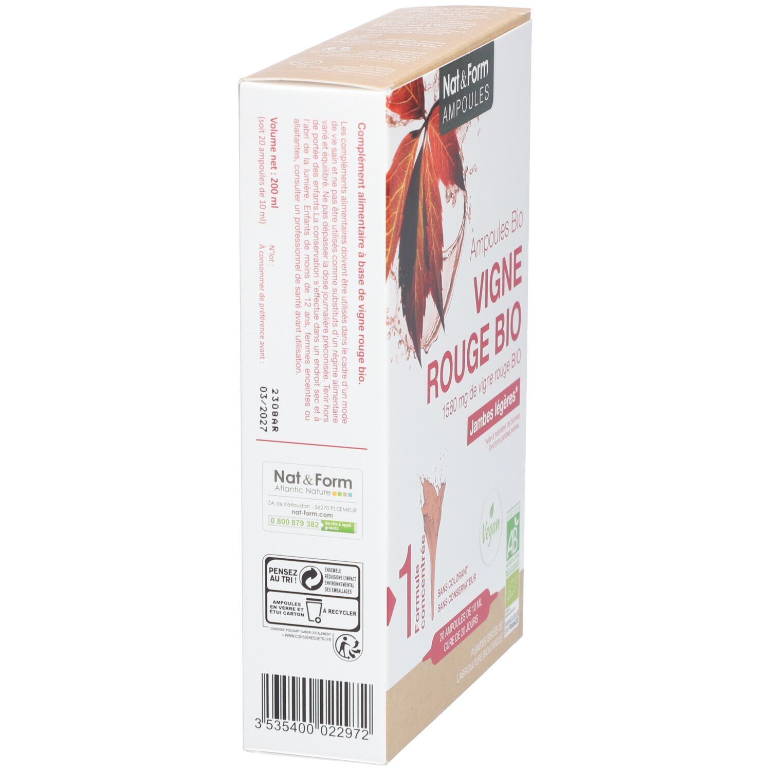 Karton, Seitenansicht. Aufschrift: Vigne Rouge Bio, Vegan, AB-Siegel. Rotes Weinblatt-Motiv.