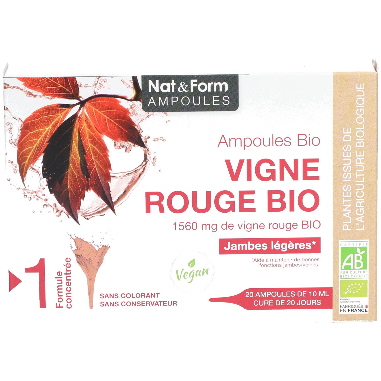 Karton mit Ampullen. Aufschrift: Vigne Rouge Bio, Vegan, AB-Siegel. Rotes Weinblatt-Motiv.