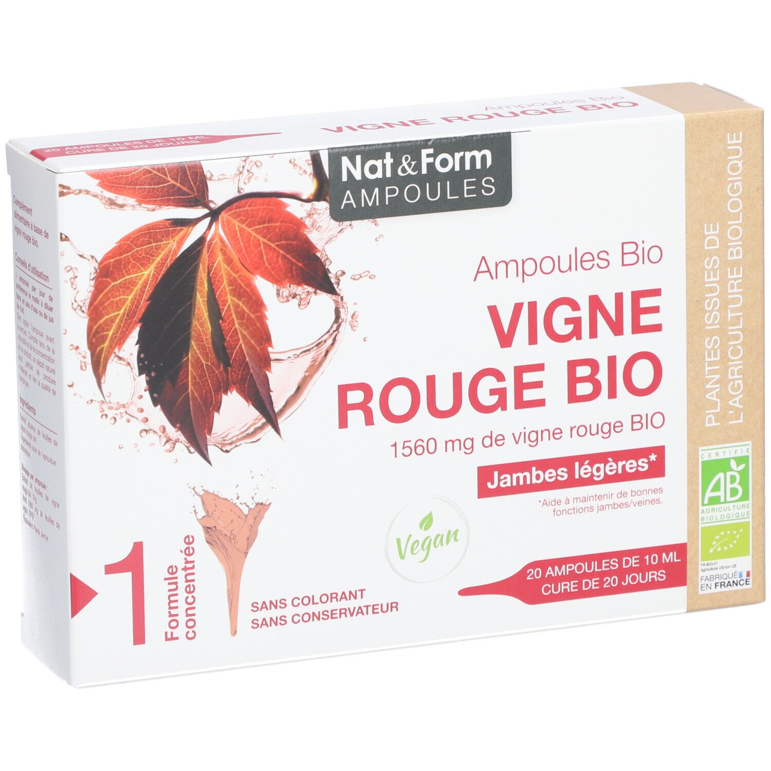Karton mit Ampullen. Aufschrift: Vigne Rouge Bio, Vegan, AB-Siegel. Rotes Weinblatt-Motiv.