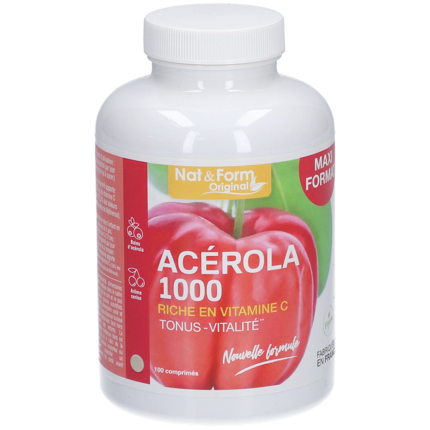 Weiße Flasche mit rotem Etikett. Aufschrift: ACEROLA 1000, reich an Vitamin C. Maxi-Format. Vegan.