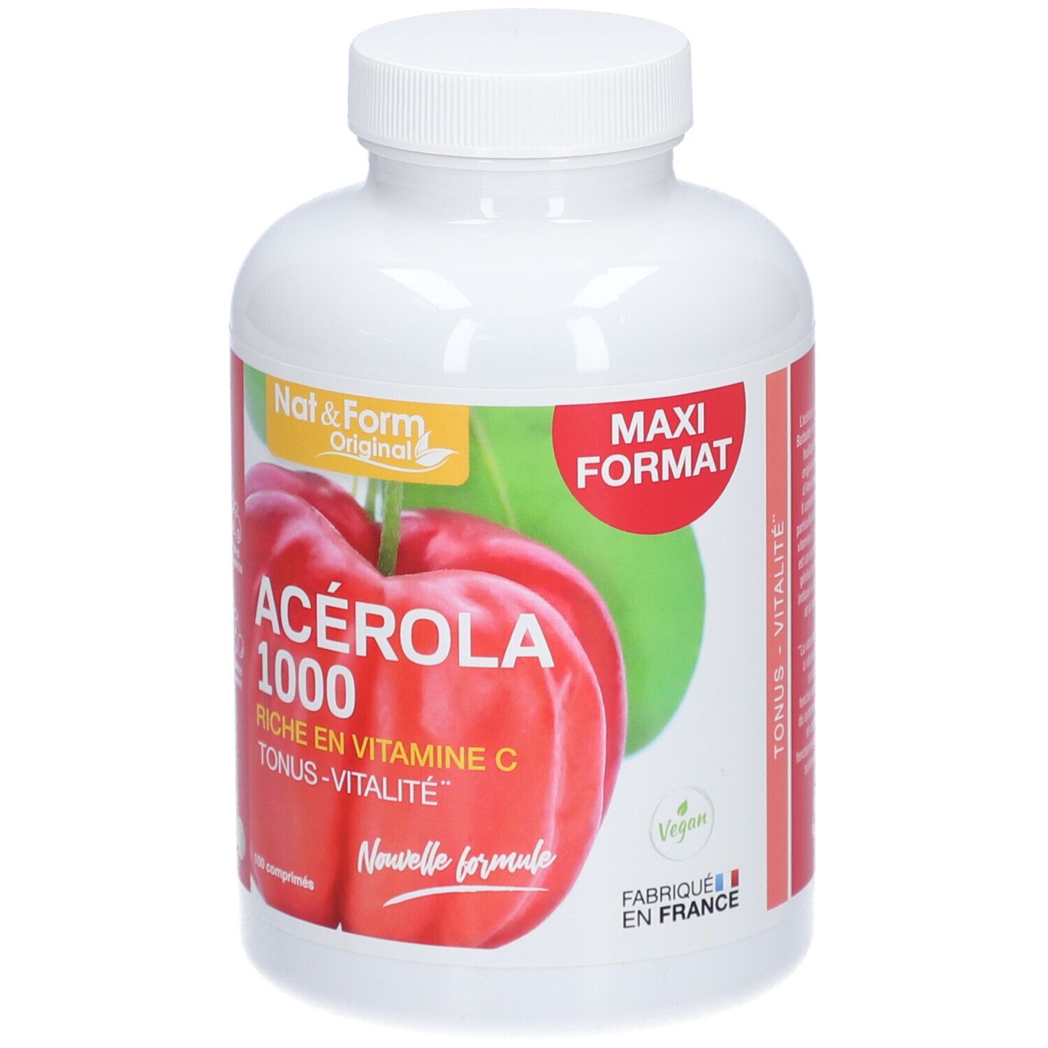 Weiße Flasche mit rotem Etikett. Aufschrift: ACEROLA 1000, reich an Vitamin C. Maxi-Format. Vegan.
