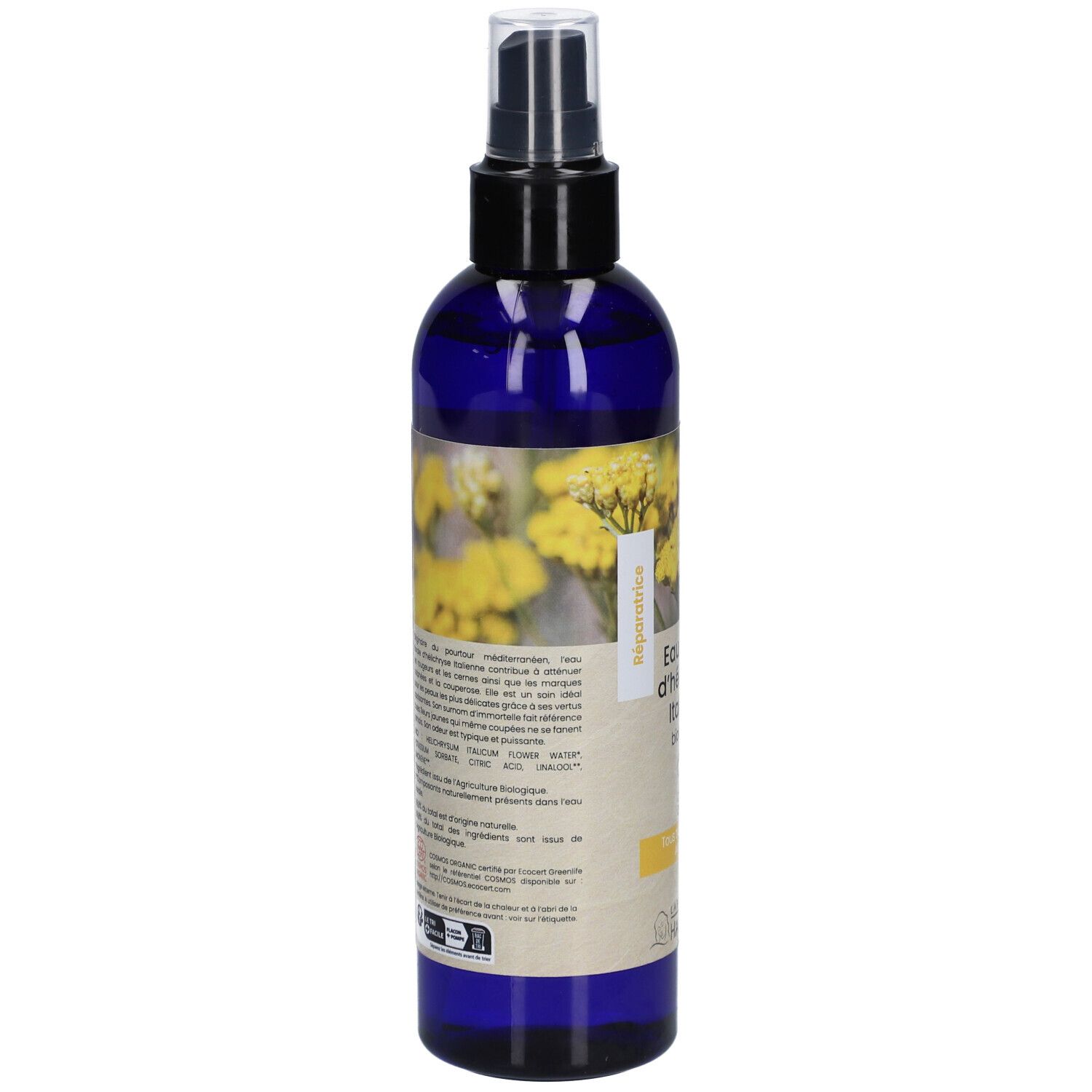 Dos du flacon bleu avec vaporisateur. Texte et certification bio. Informations sur le produit et code-barres.