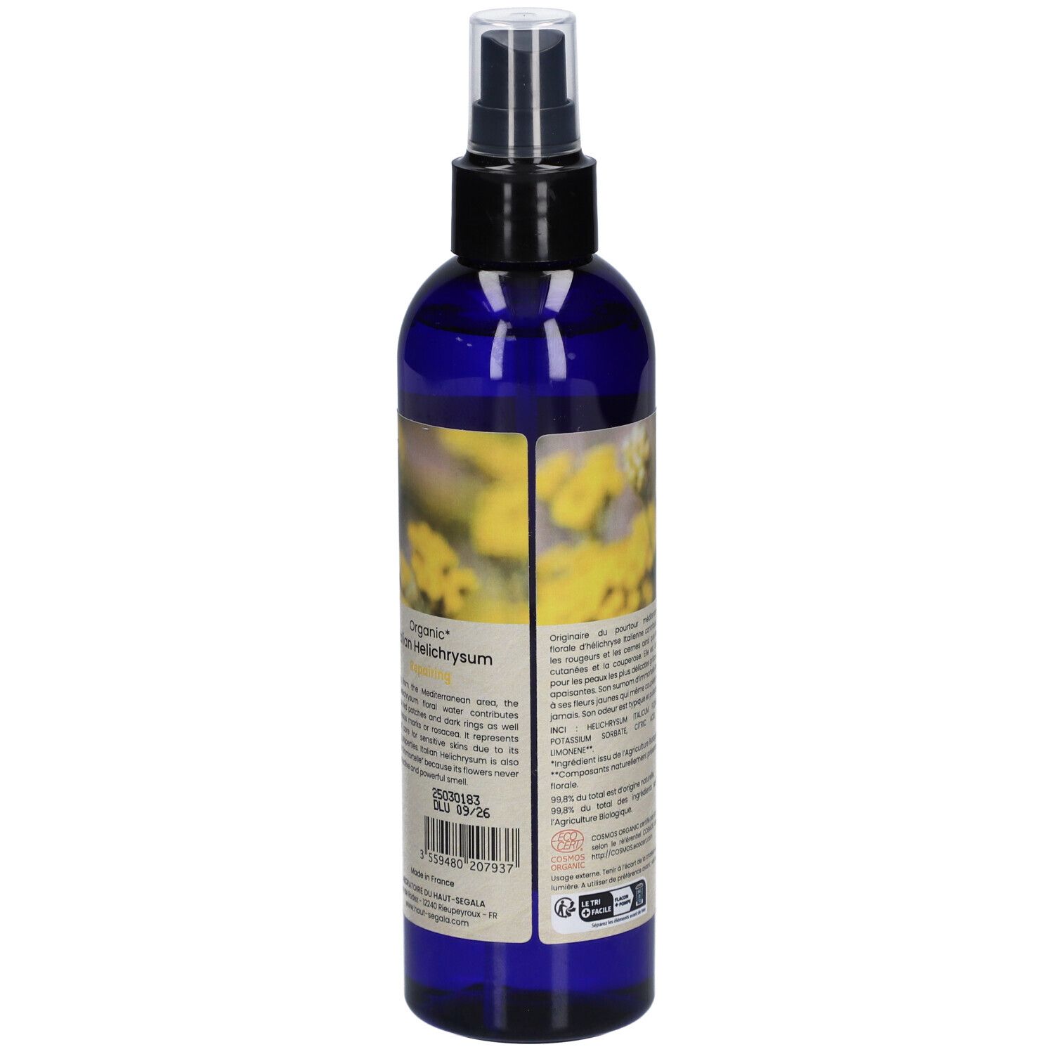 Dos du flacon bleu avec vaporisateur. Texte et certification bio. Informations sur le produit et code-barres.