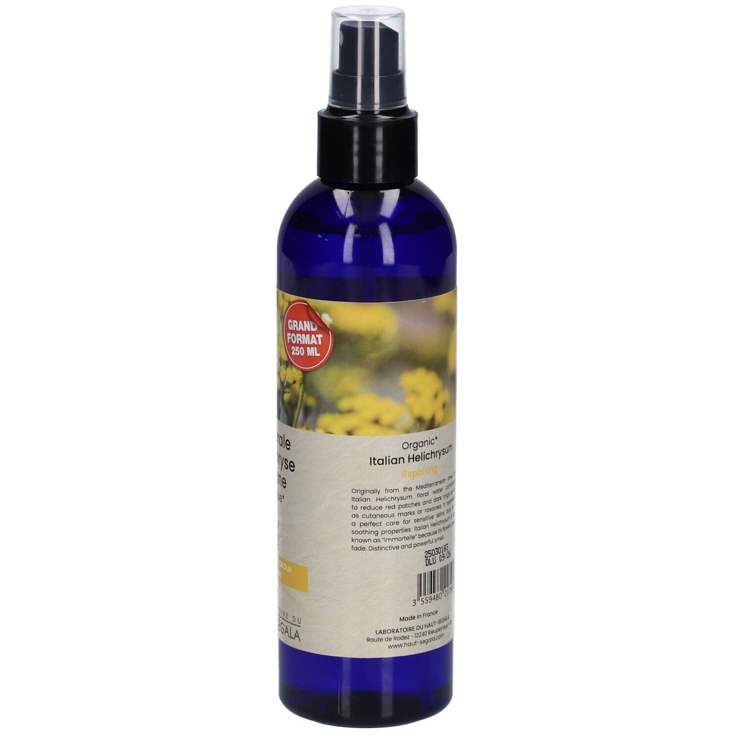 Dos du flacon bleu avec vaporisateur. Texte et certification bio. Informations sur le produit et code-barres.