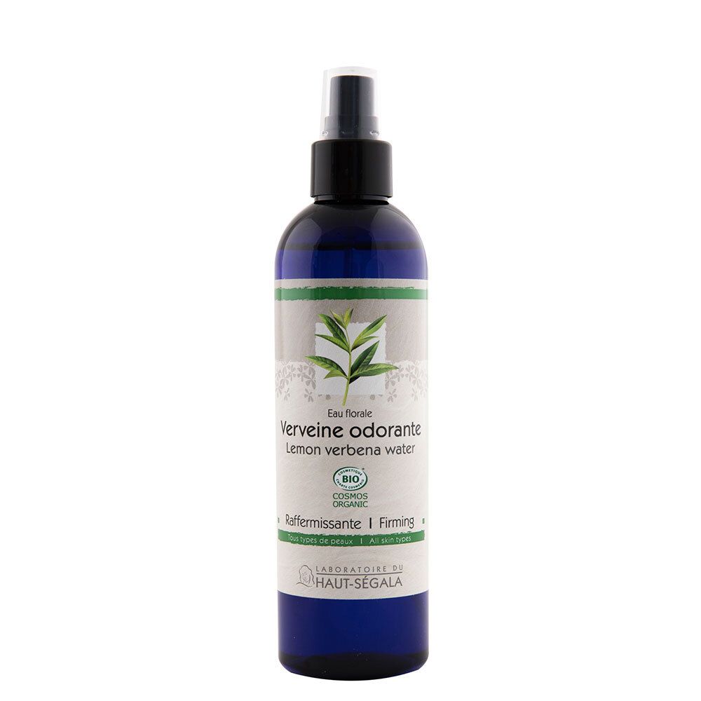 Blaue Flasche mit Zerstäuber. Aufschrift: Verveine odorante, Lemon verbena water. Bio-Zertifizierung. Marke: Laboratoire du Haut-Segala.