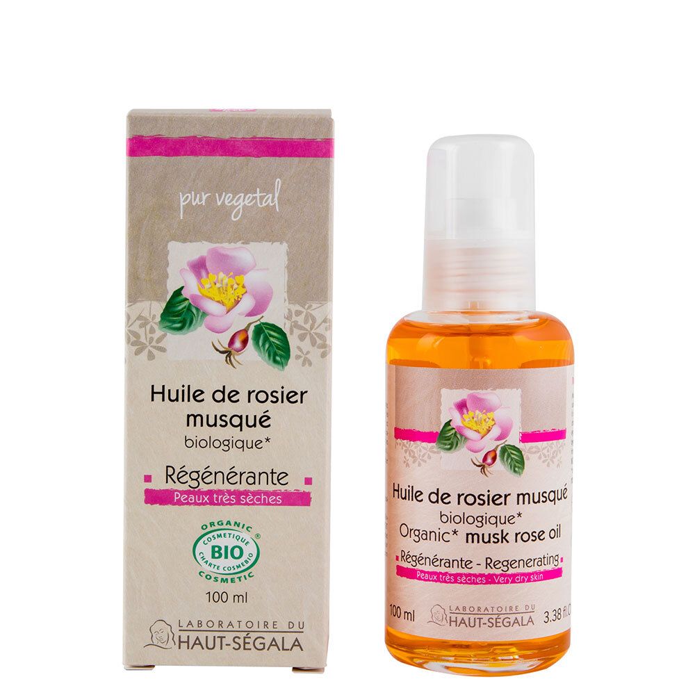 Flacon et boîte d'huile. Inscription: Huile de rosier musqué biologique, Régénérant. Certification Bio. 100 ml.