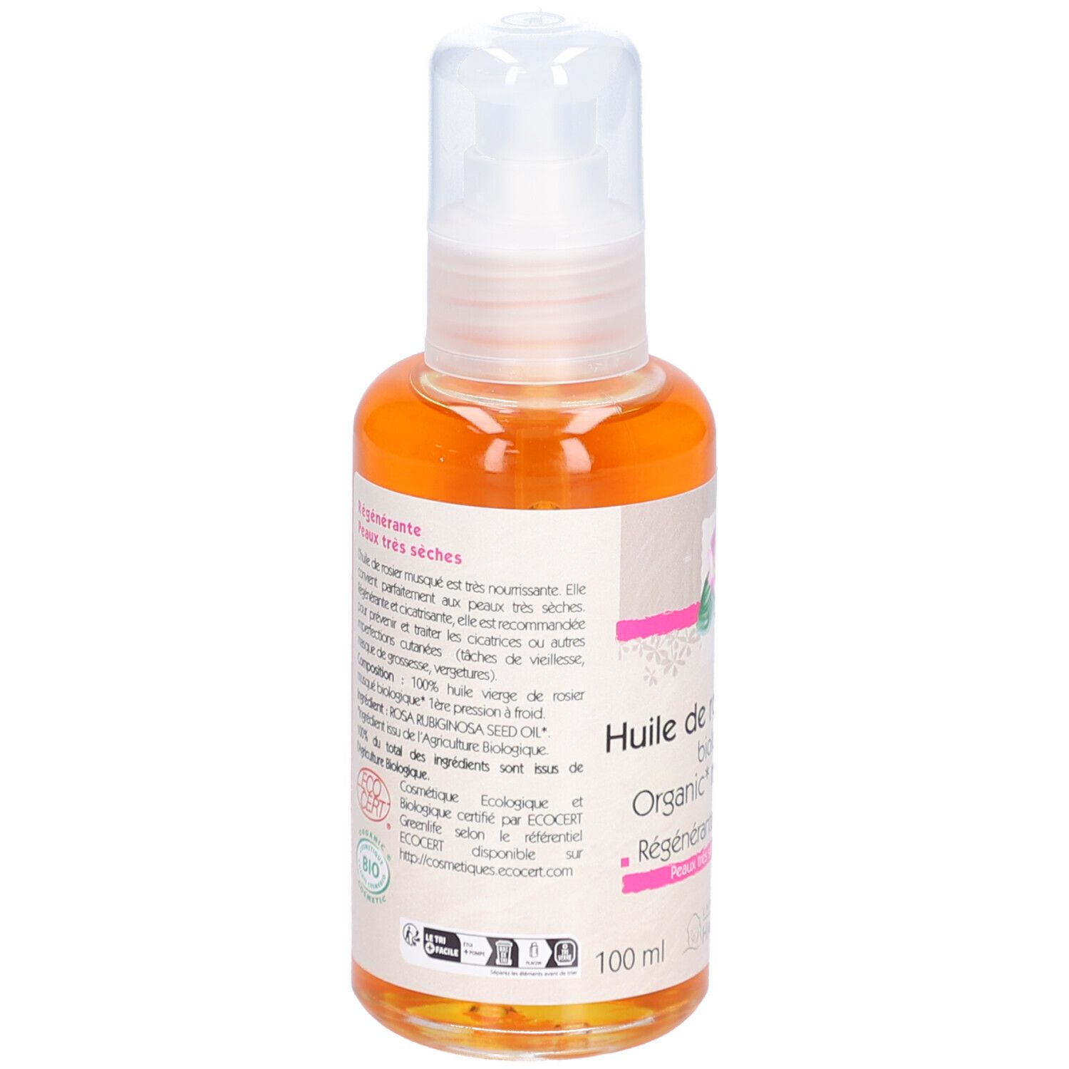 Flacon d'huile. Inscription: Huile de rosier musqué biologique, Régénérant. Certification Bio. 100 ml. Vue arrière.