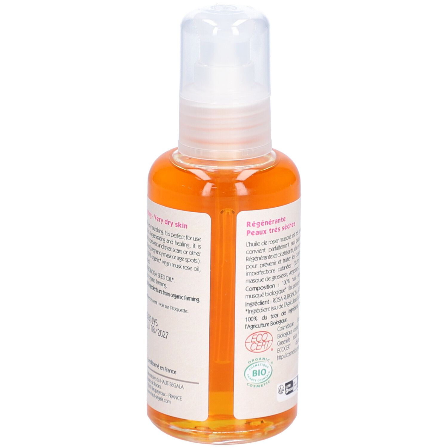 Flacon d'huile. Inscription: Huile de rosier musqué biologique, Régénérant. Certification Bio. 100 ml. Vue arrière.