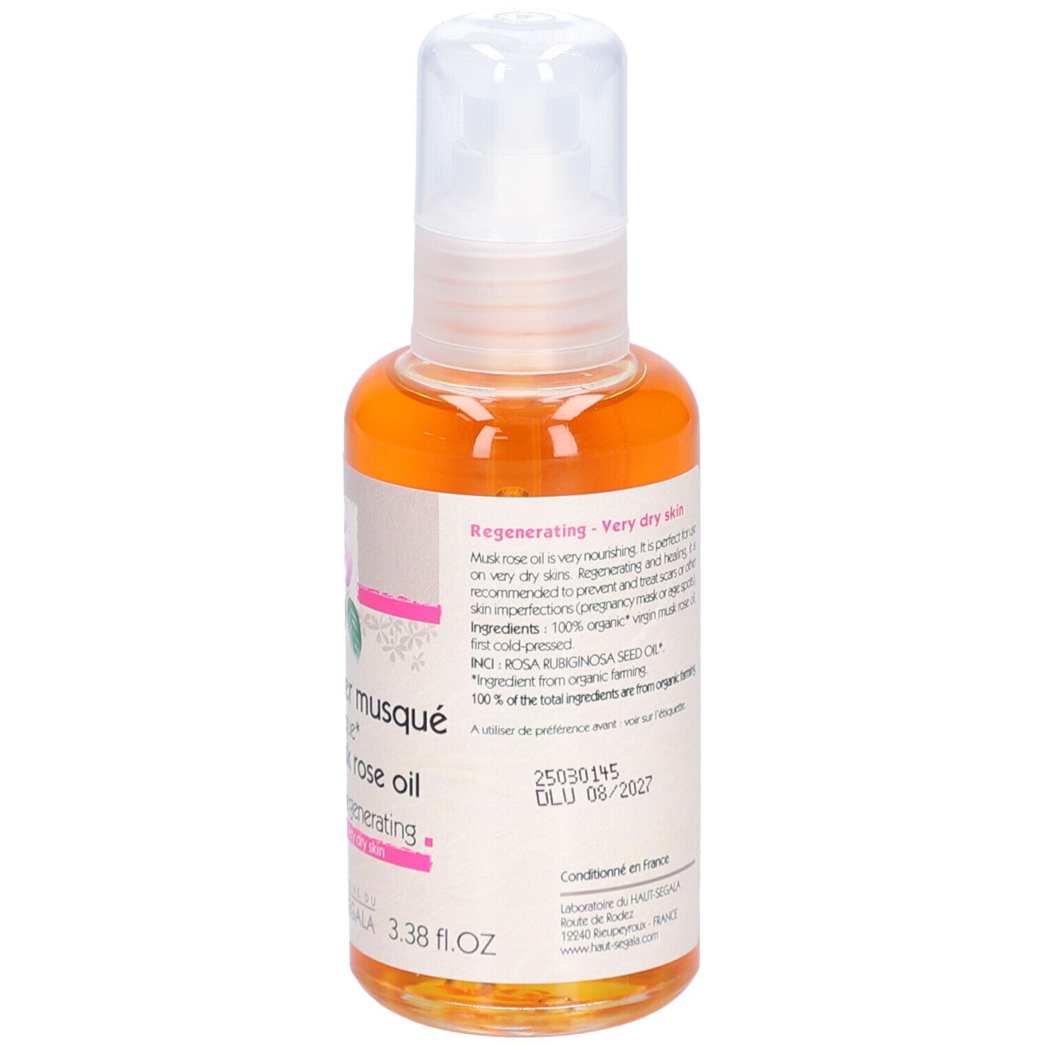 Flacon d'huile. Inscription: Huile de rosier musqué biologique, Régénérant. Certification Bio. 100 ml. Vue arrière.