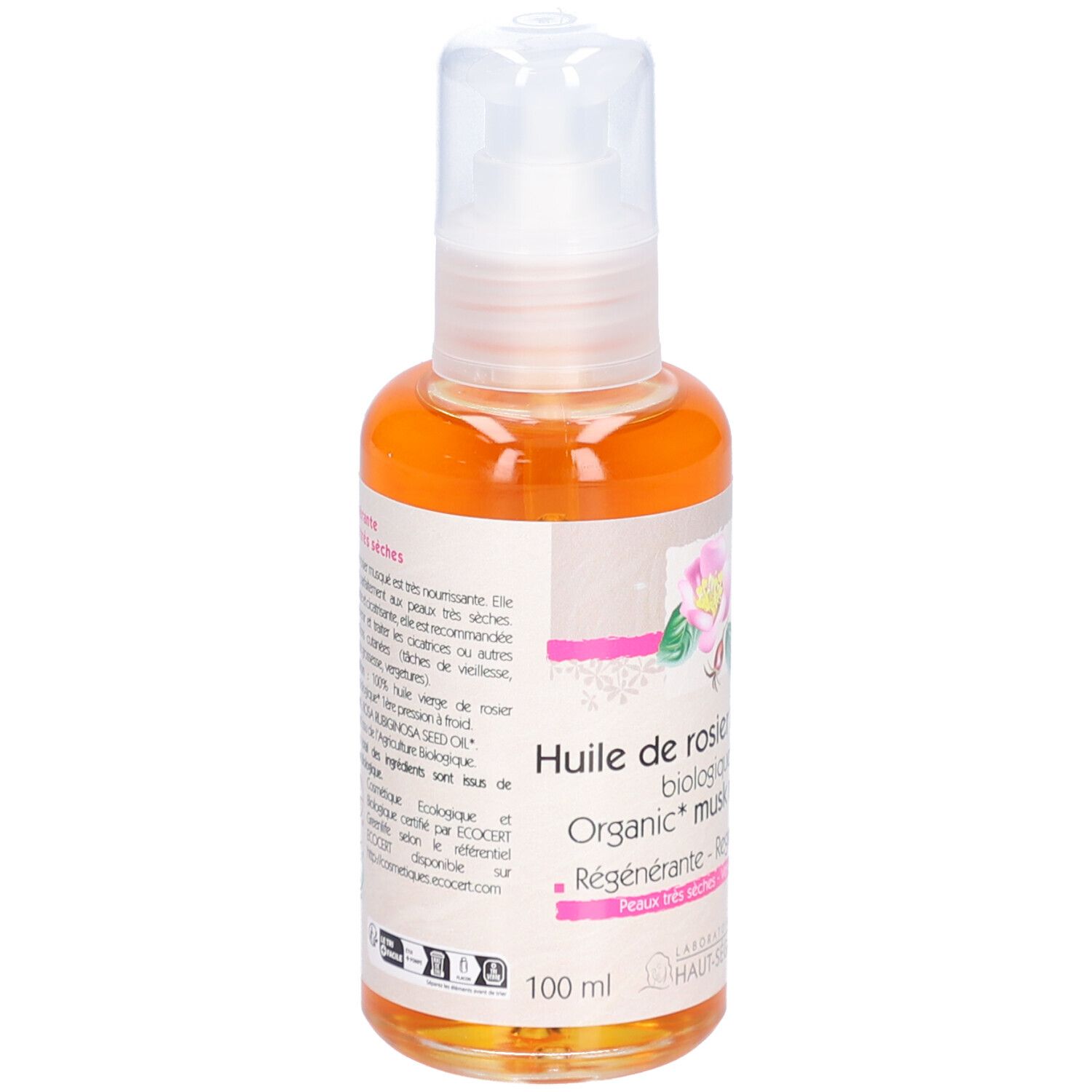 Flacon d'huile. Inscription: Huile de rosier musqué biologique, Régénérant. Certification Bio. 100 ml. Vue arrière.