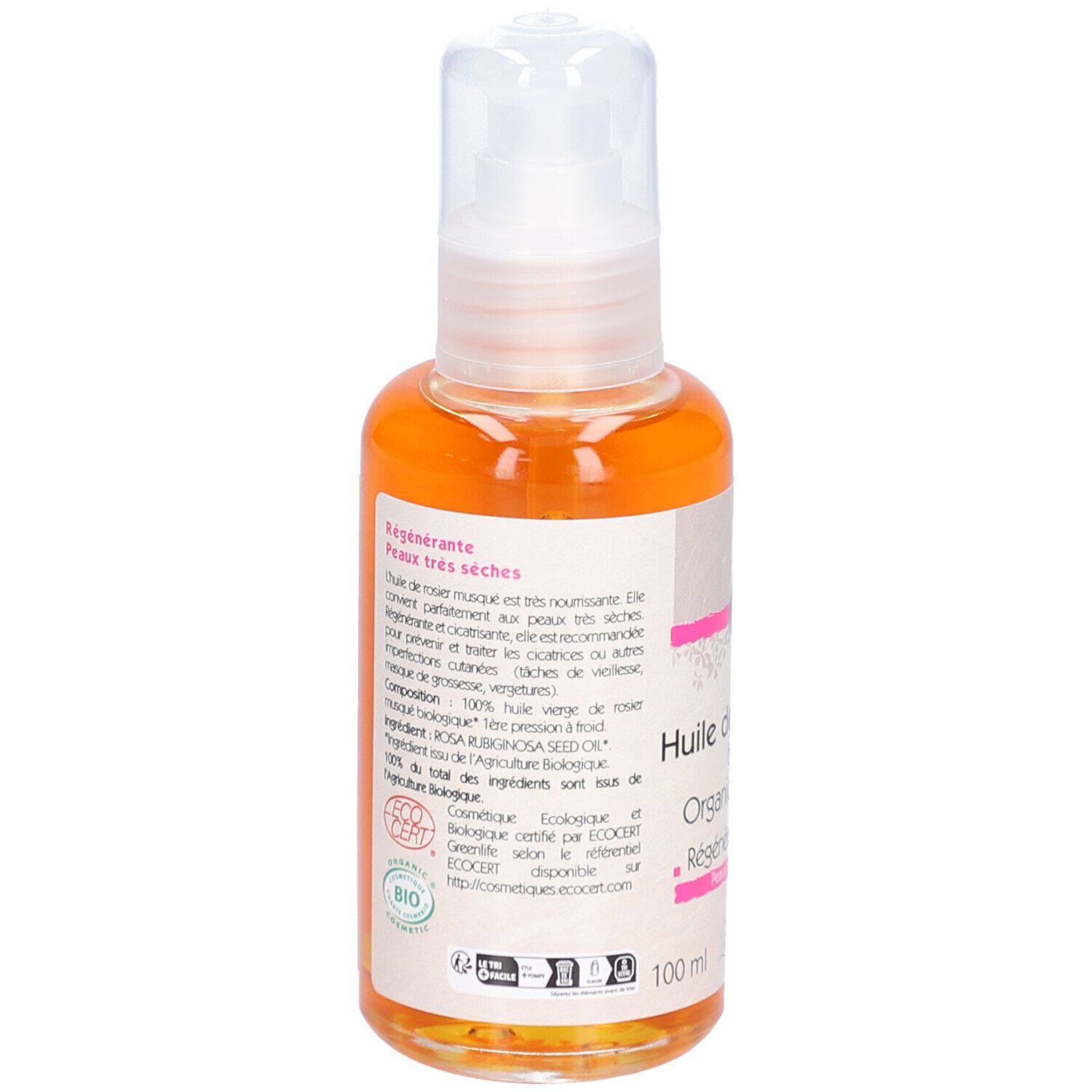 Flacon d'huile. Inscription: Huile de rosier musqué biologique, Régénérant. Certification Bio. 100 ml. Vue arrière.