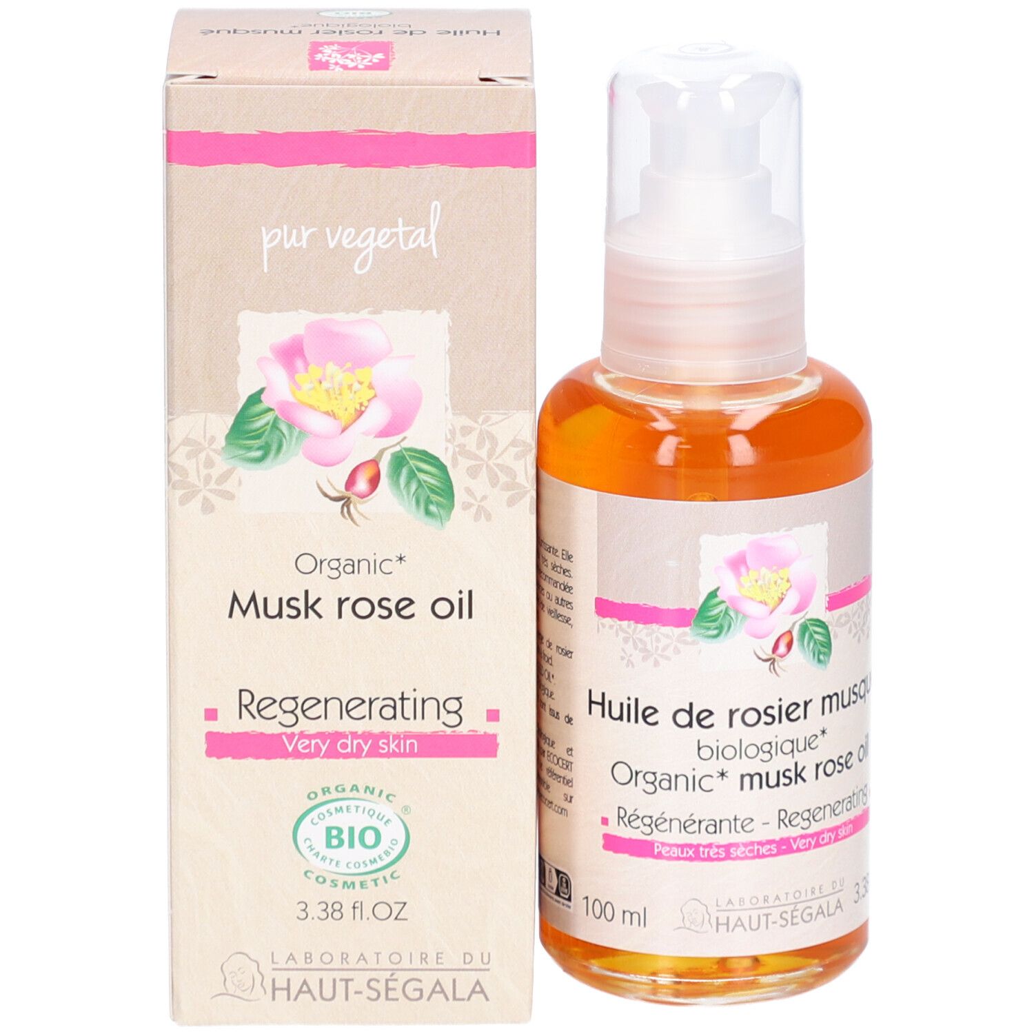 Flacon et boîte d'huile. Inscription: Huile de rosier musqué biologique, Régénérant. Certification Bio. 100 ml.