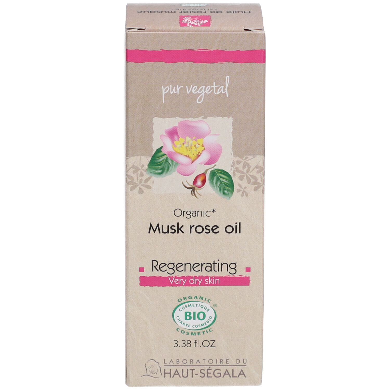Boîte avec inscription: Organic Musk rose oil, Régénérant, pour peau très sèche. Certification Bio.