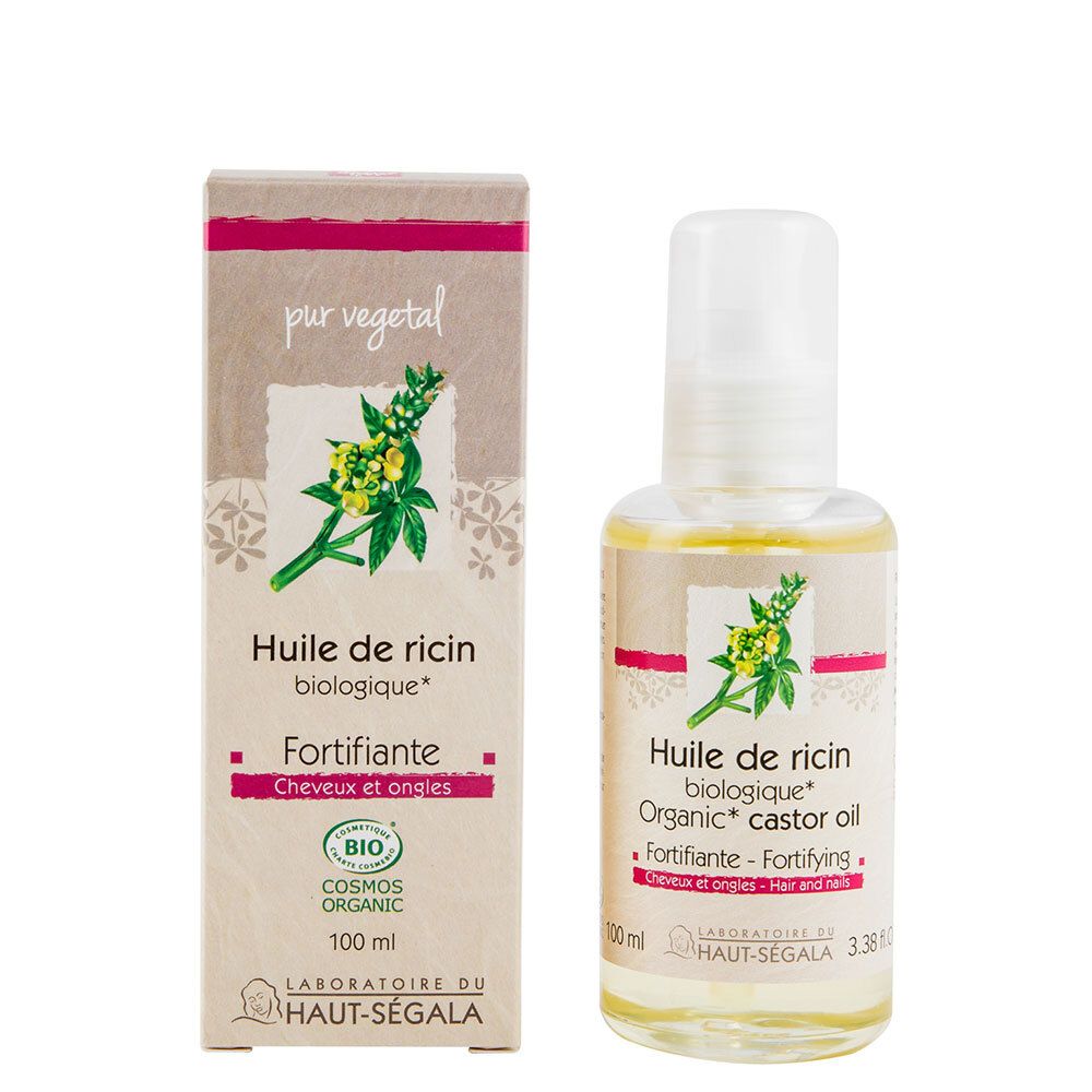 Flüssigkeit in einer Glasflasche mit Karton. Aufschrift: Huile de ricin biologique, Cosmos Organic.