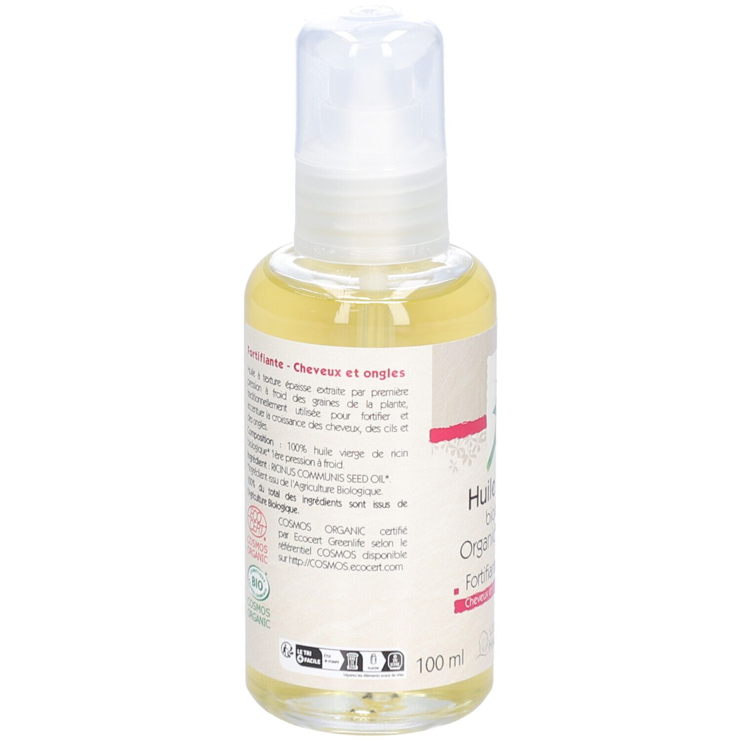 Rückansicht einer Ölflasche. Aufschrift: Huile de ricin biologique, Fortifiante, Cosmos Organic.