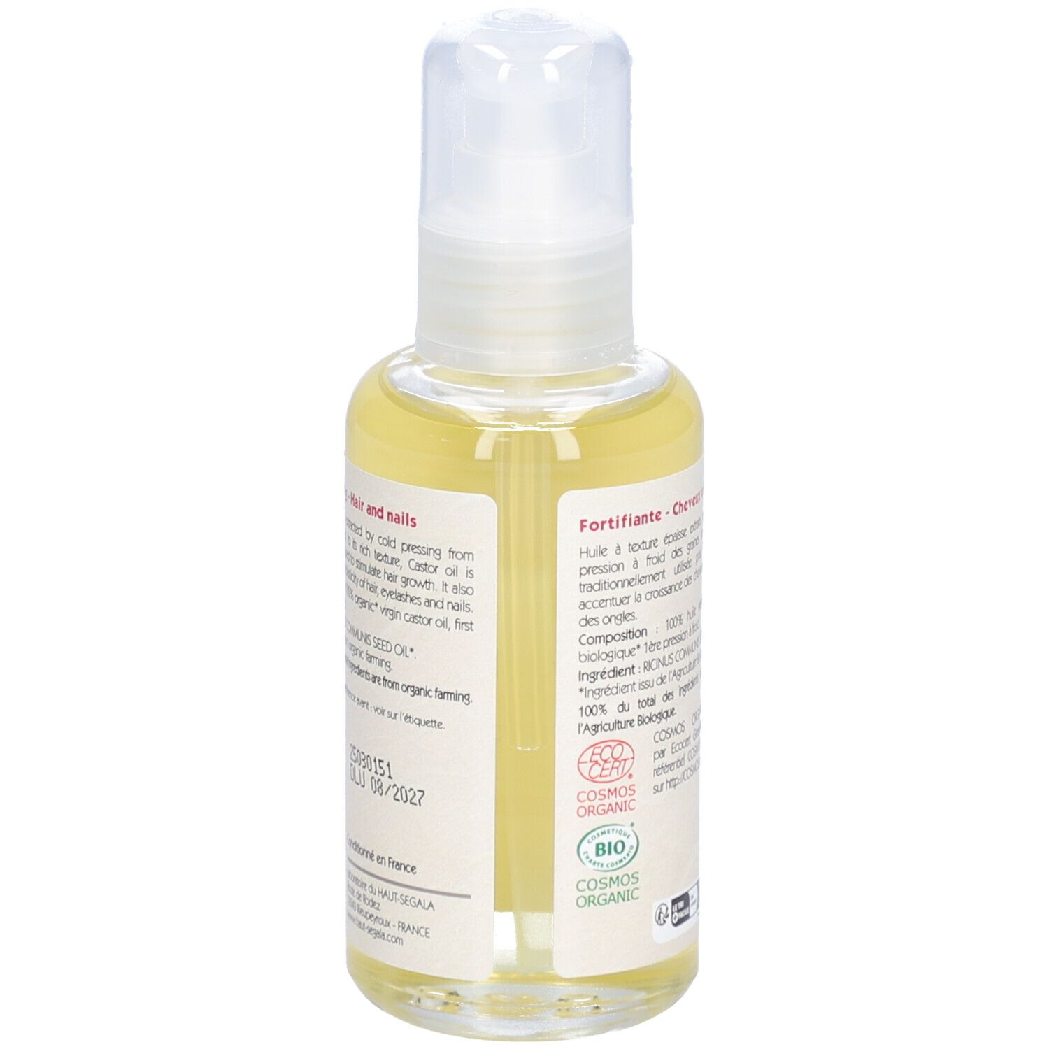 Rückansicht einer Ölflasche. Aufschrift: Huile de ricin biologique, Fortifiante, Cosmos Organic.