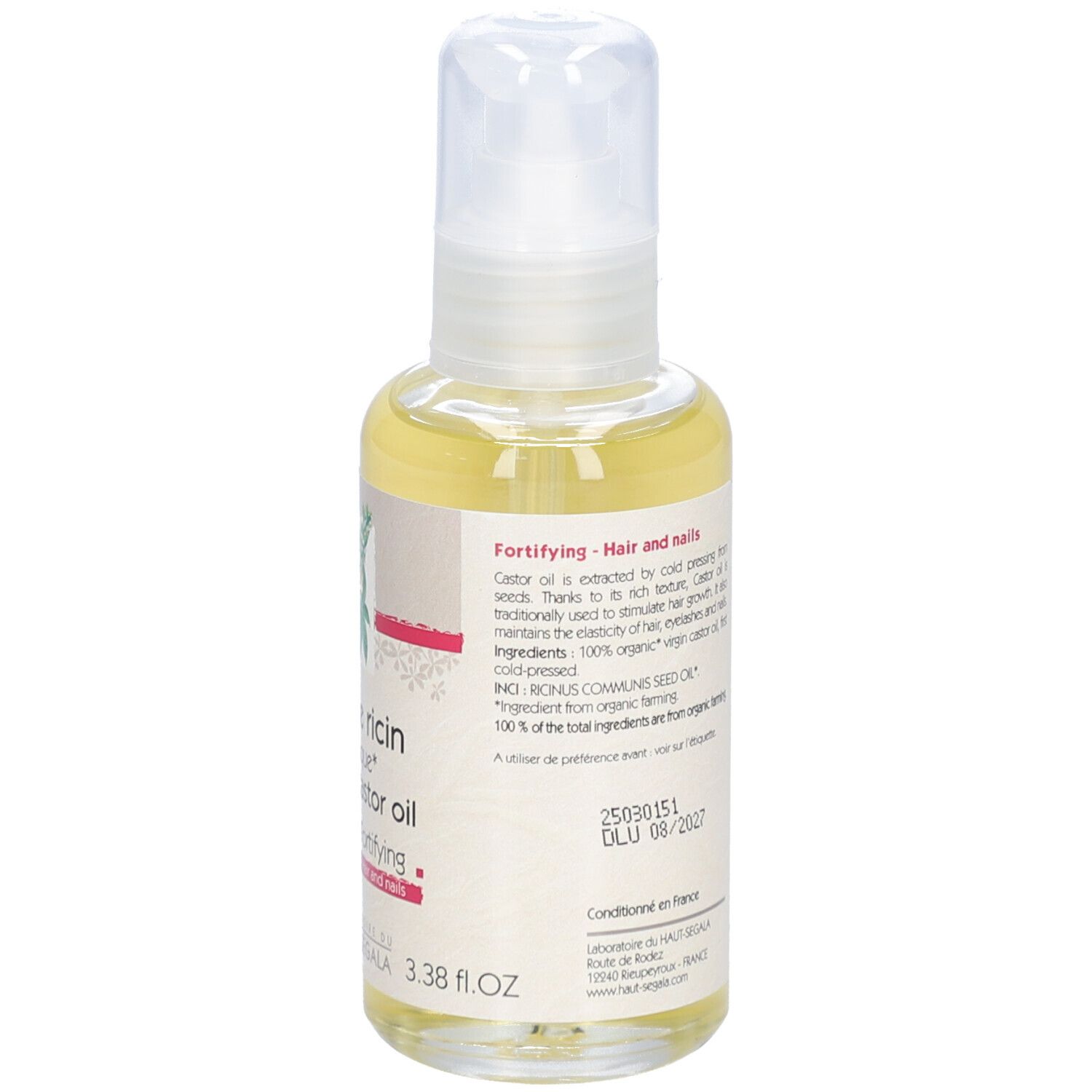 Rückansicht einer Ölflasche. Aufschrift: Huile de ricin biologique, Fortifiante, Cosmos Organic.