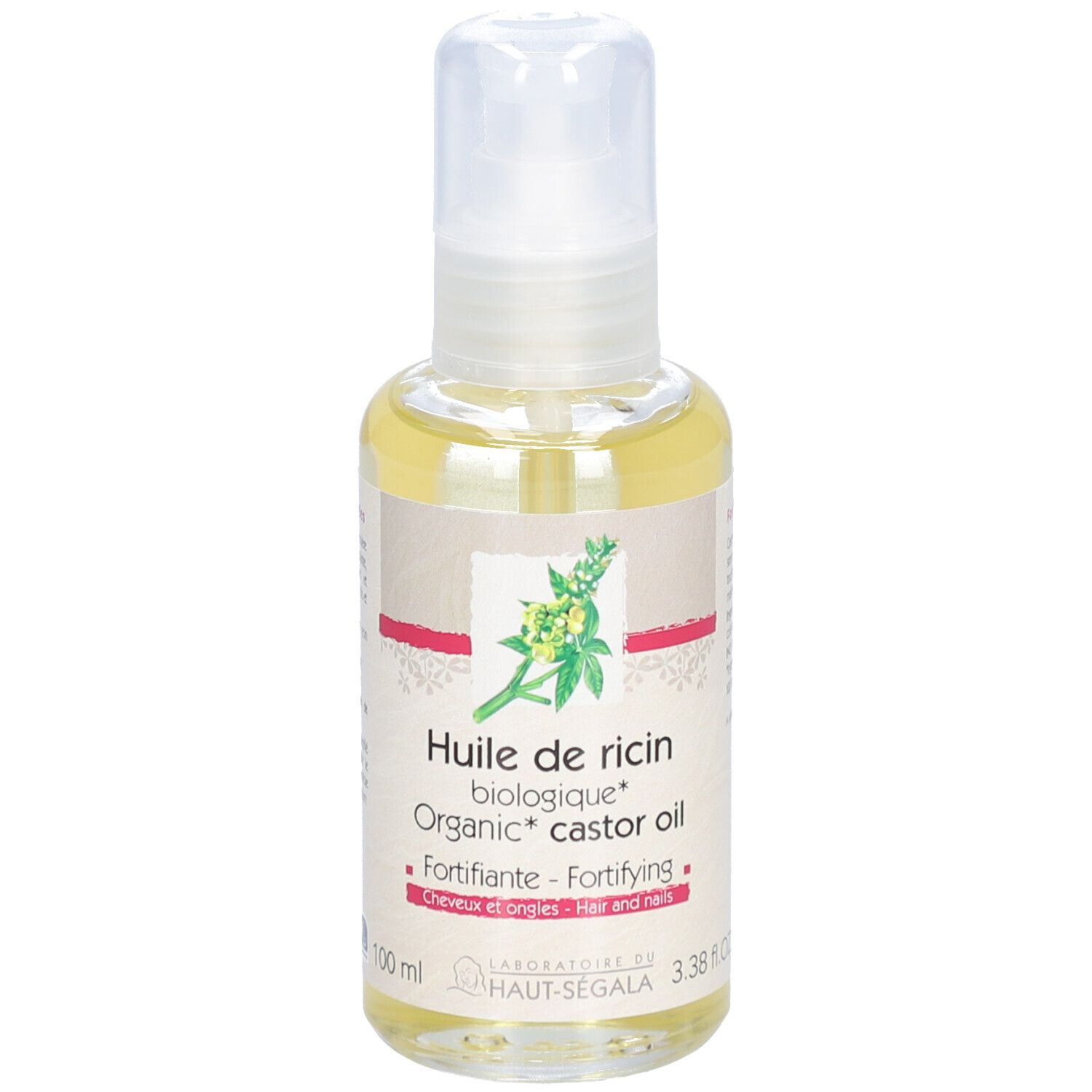 Ölflasche mit Aufschrift: Huile de ricin biologique, Fortifiante, Cosmos Organic.